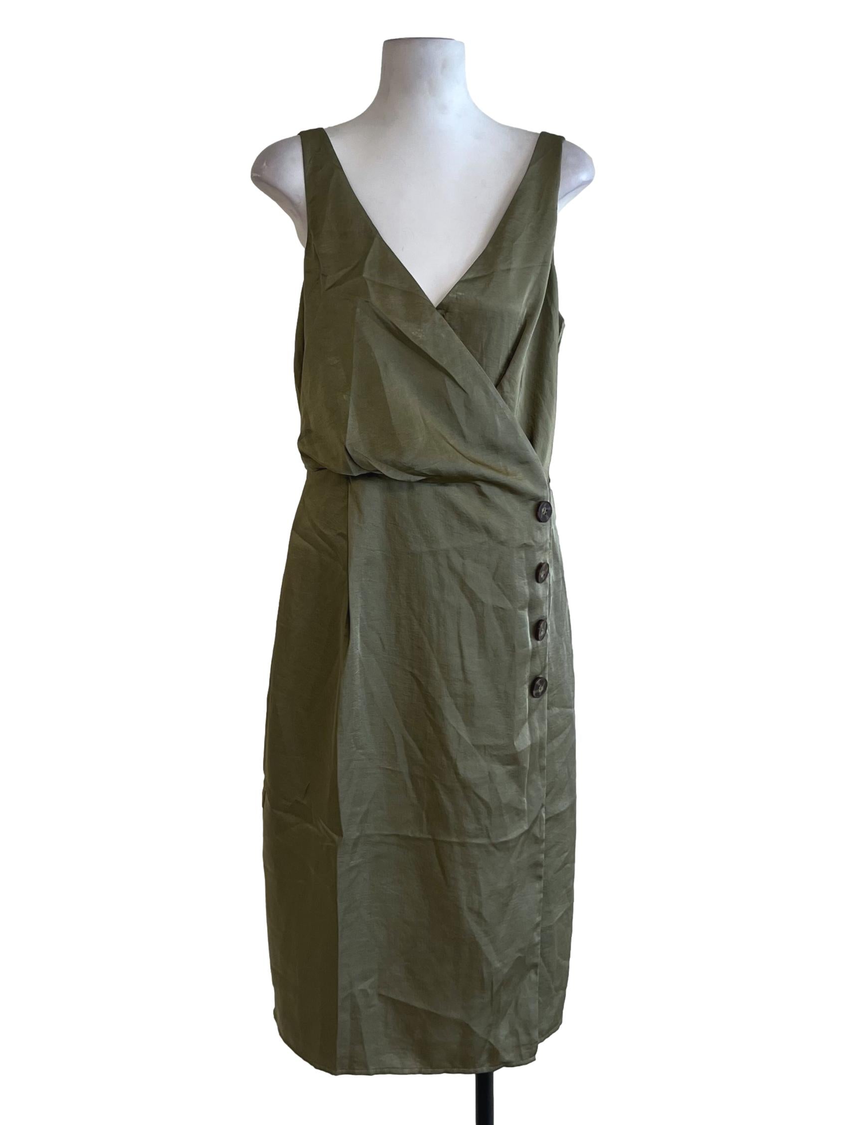 Olive Green V-Neckline A-Line Dress