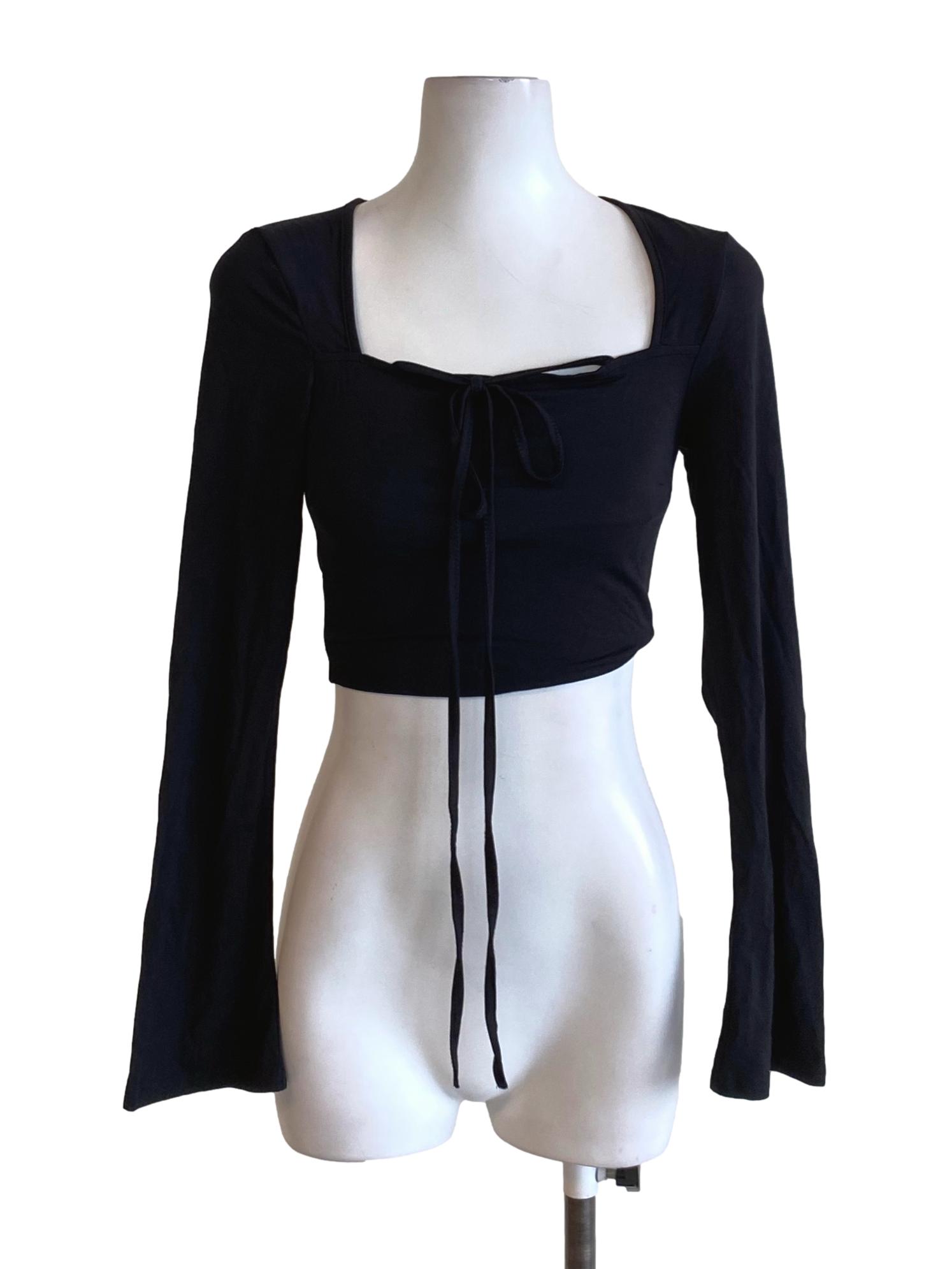 Rich Black Square Neck Tie Front Long Sleeve Fit Cropped Shirt