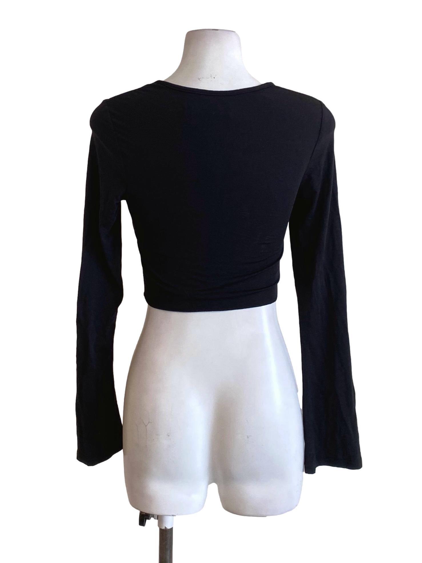 Rich Black Square Neck Tie Front Long Sleeve Fit Cropped Shirt