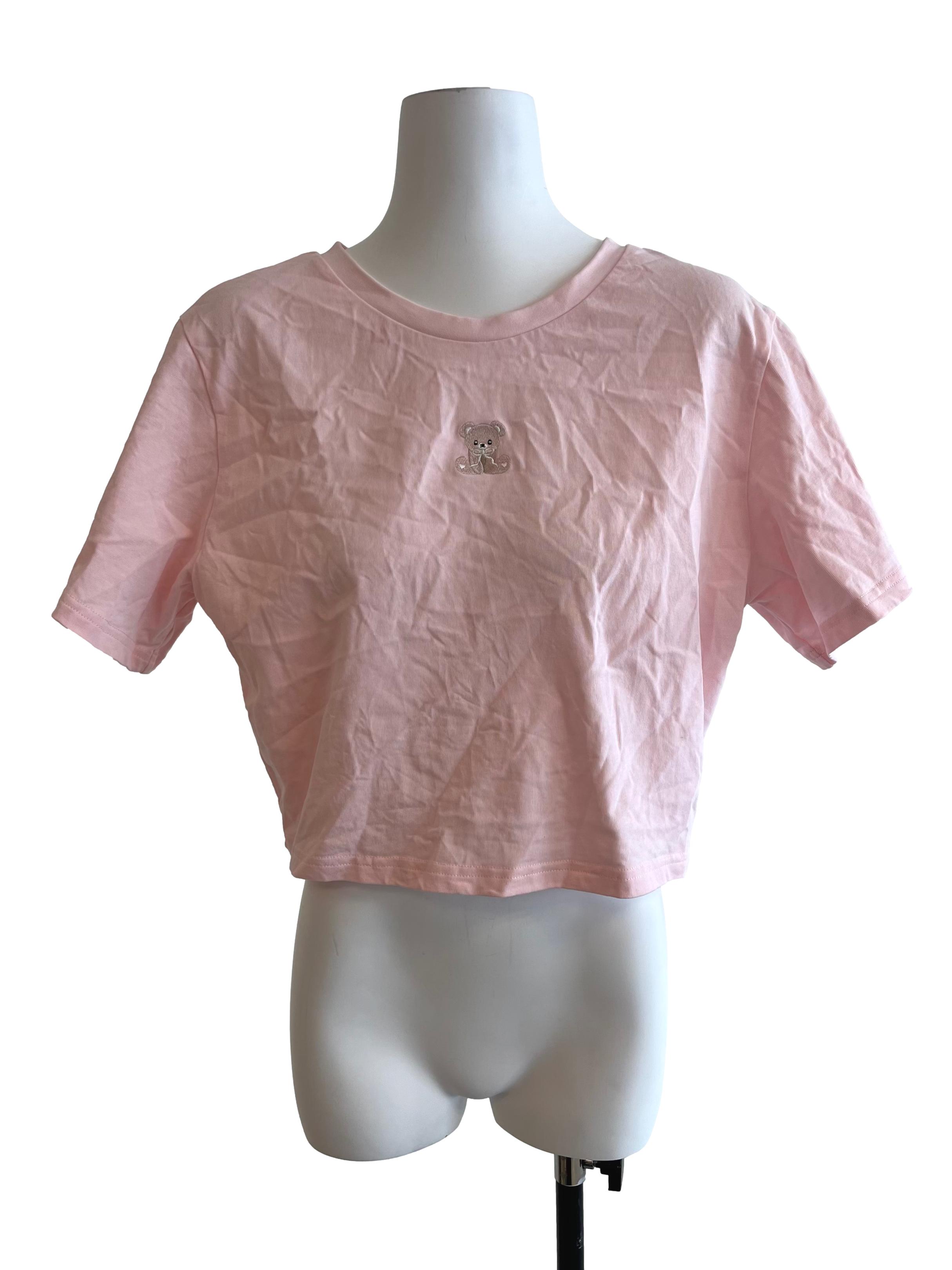 Baby Pink Bear Embroidery Cropped T-Shirt
