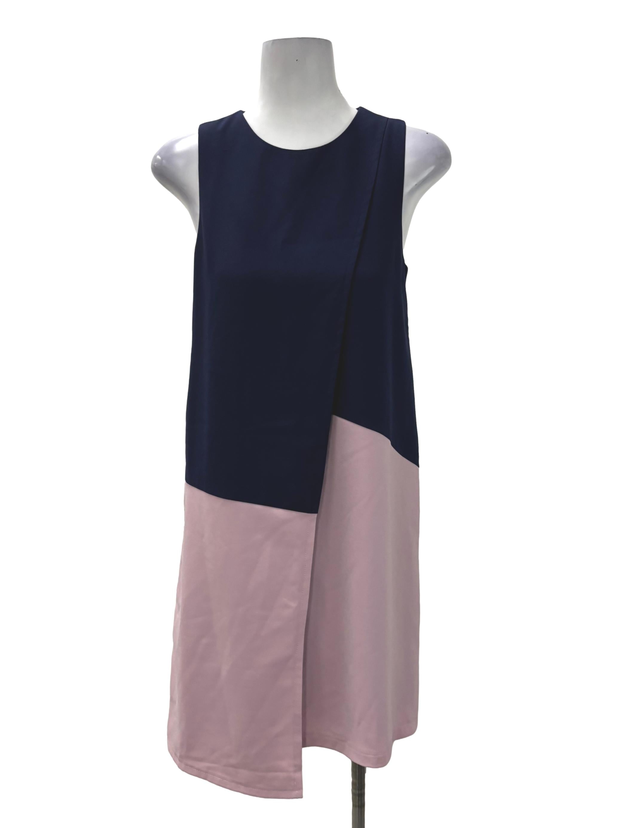 Navy Blue Roundneck Sleeveless Dress With Pink Trim