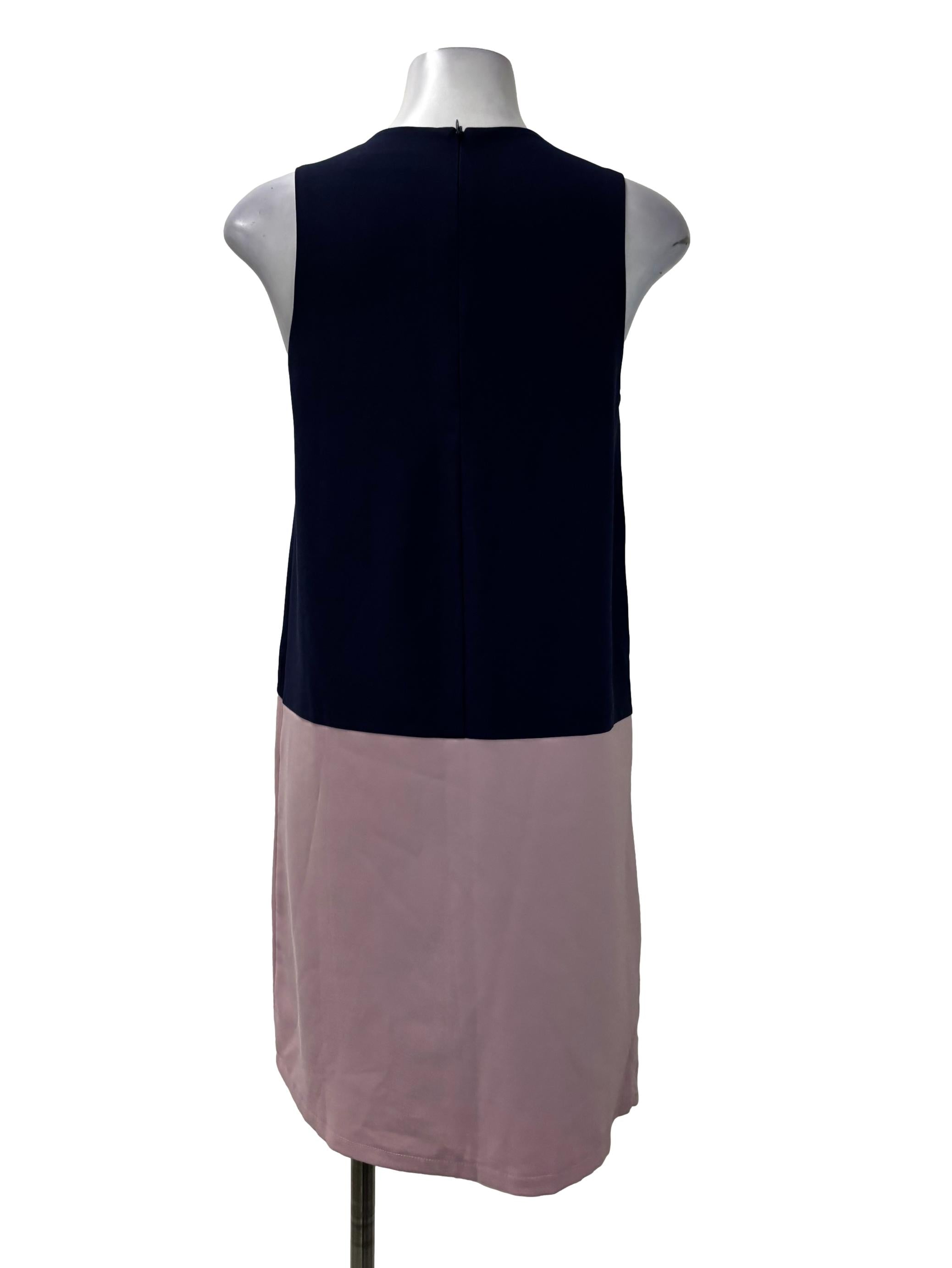 Navy Blue Roundneck Sleeveless Dress With Pink Trim