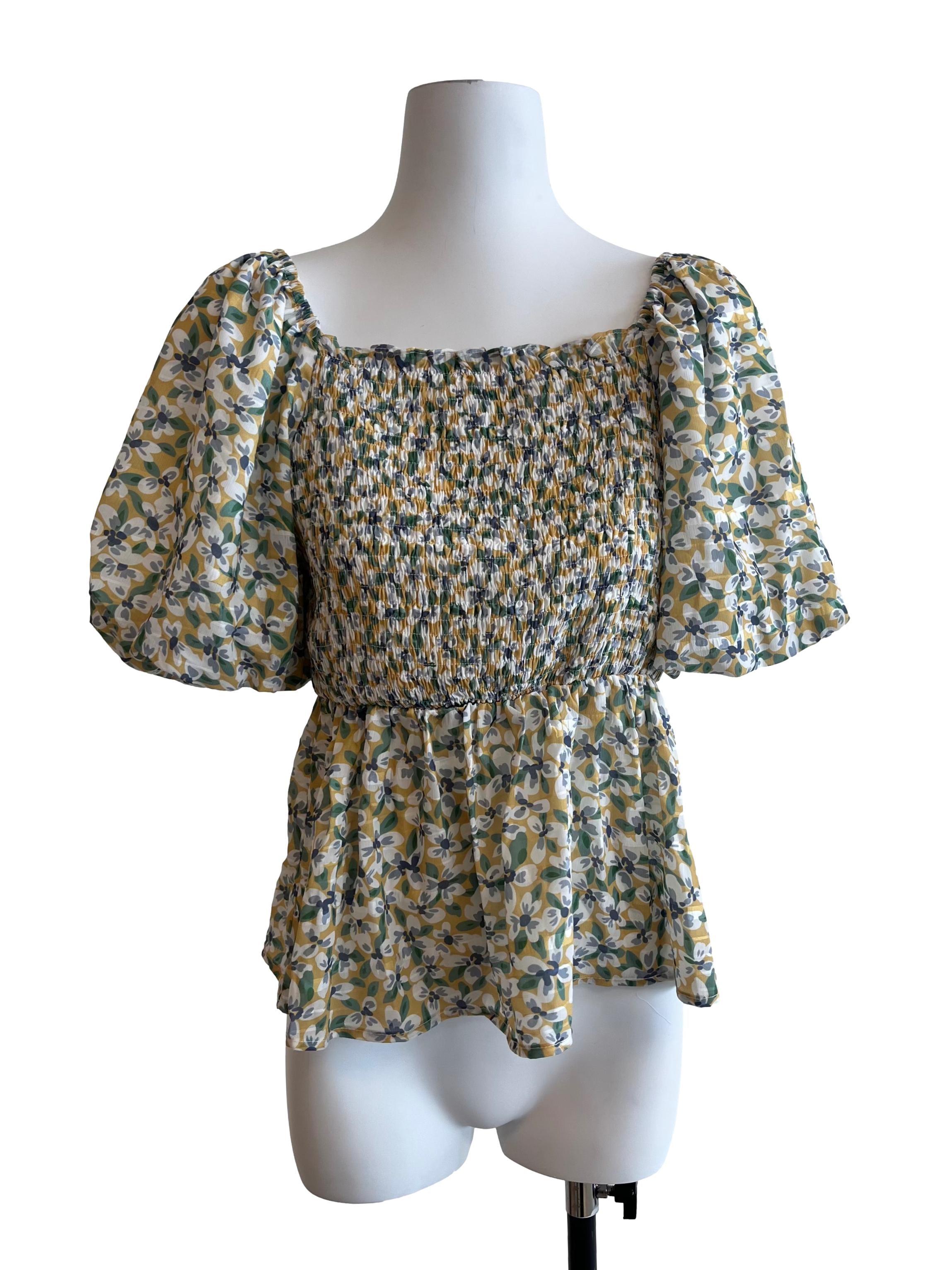 Yellow Blue Floral Shirred Blouse