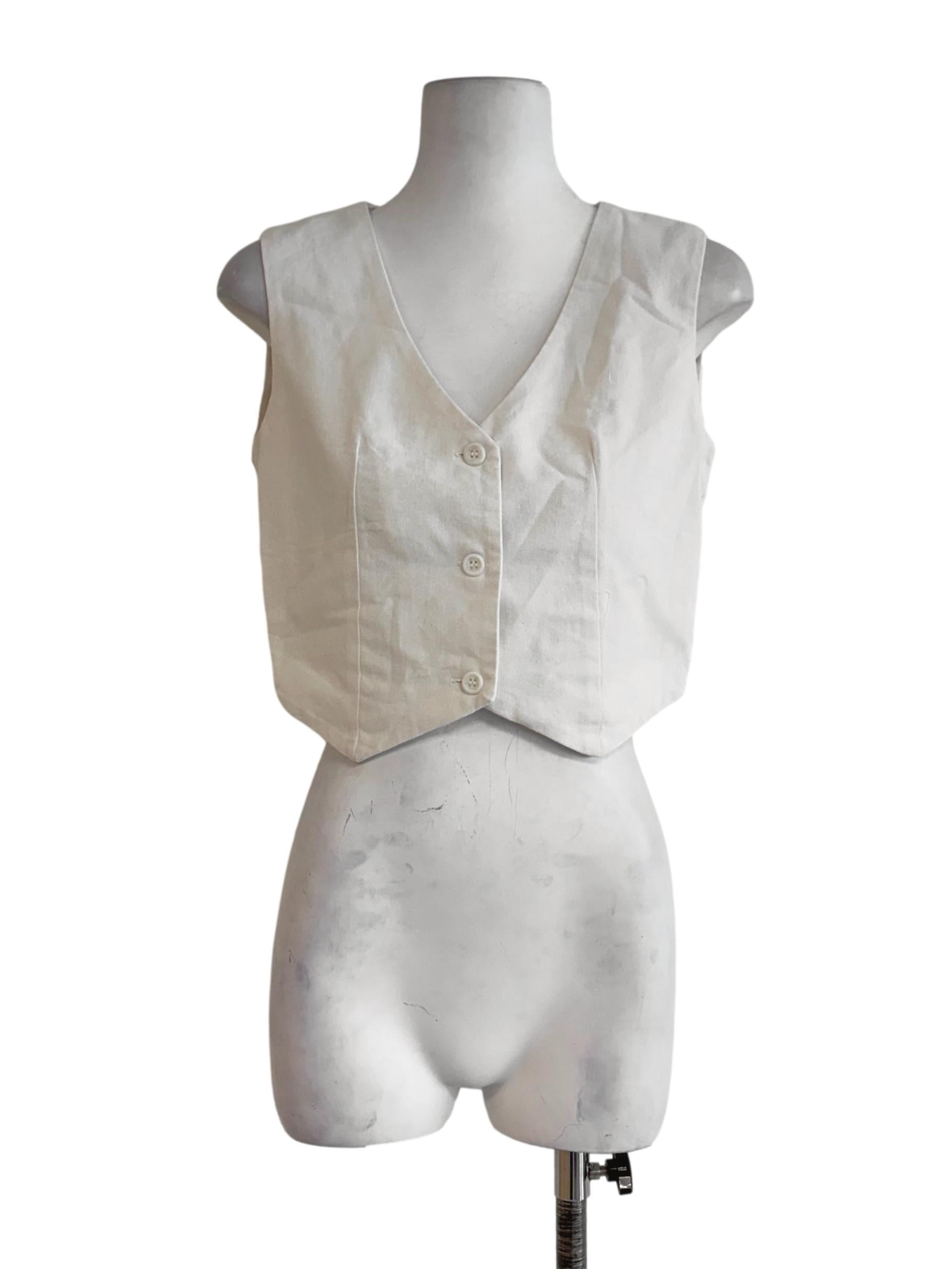 Linen White Sleeveless V-Neck Vest