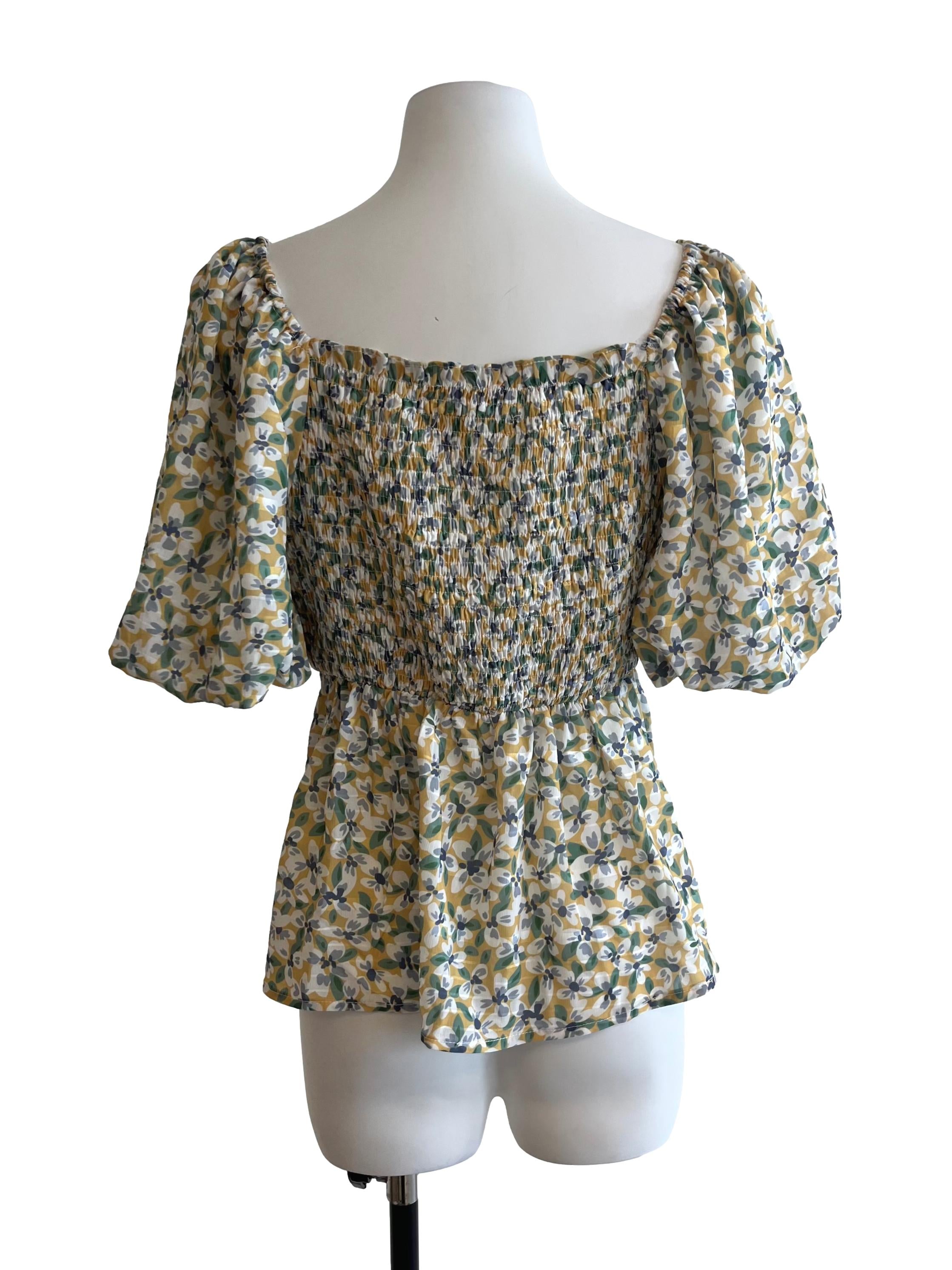 Yellow Blue Floral Shirred Blouse