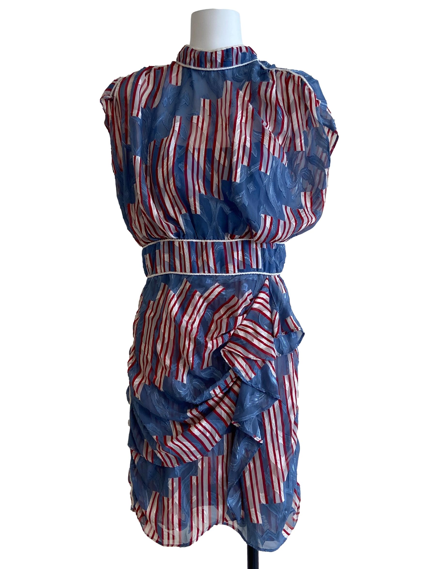 Blue & Red Stripe Floral Ruffled Dress