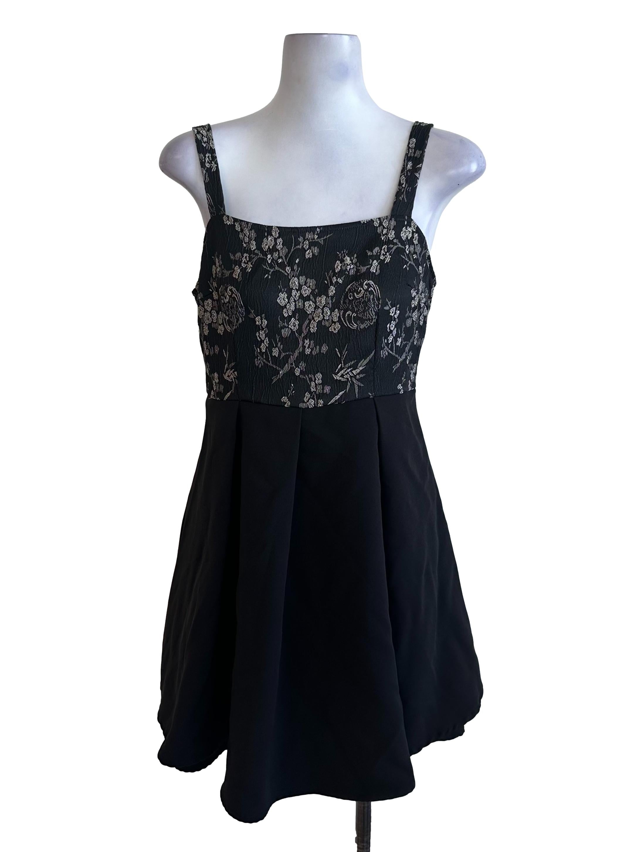 Onyx Black Brocade Floral Box Pleated Dress
