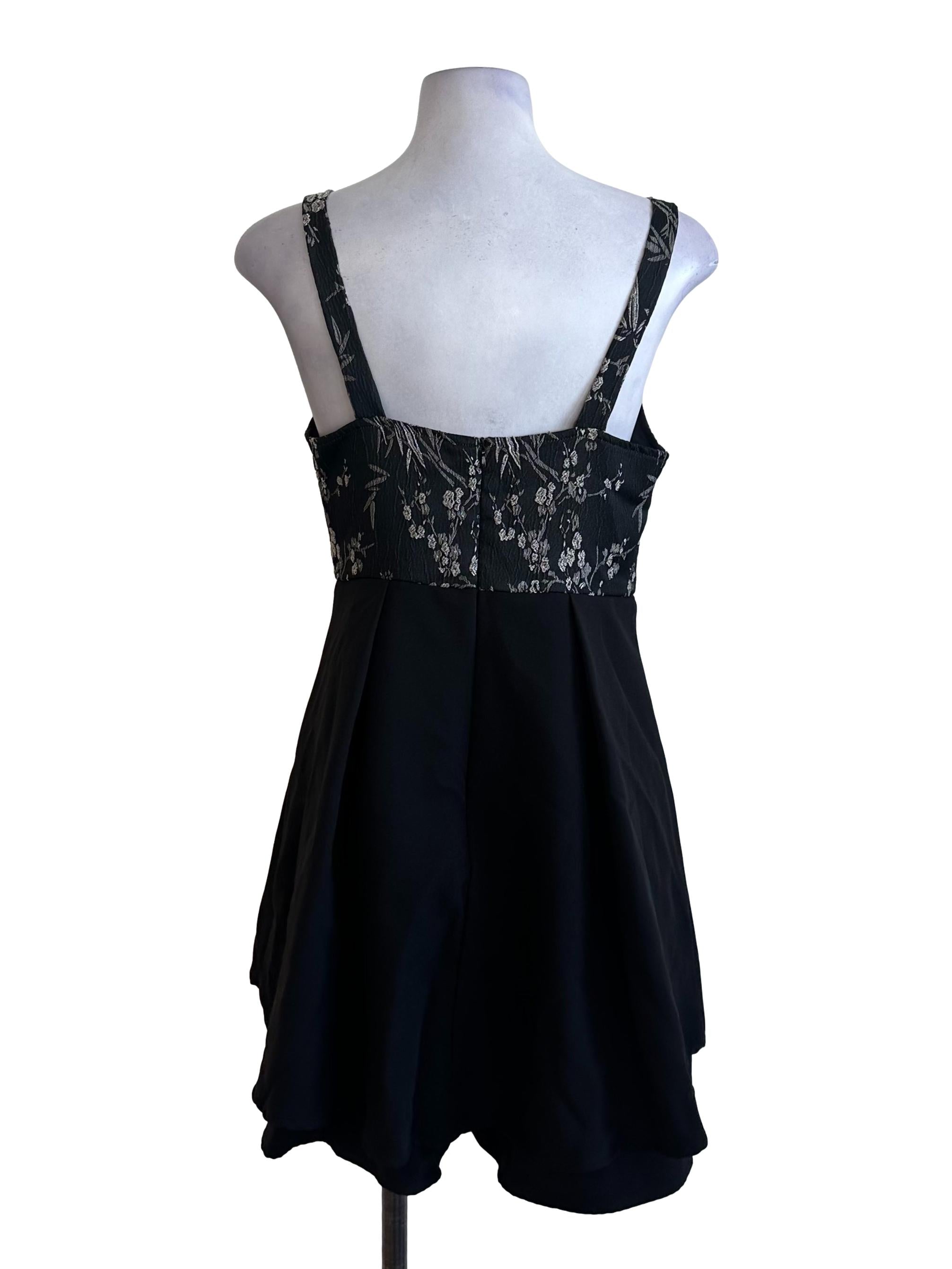 Onyx Black Brocade Floral Box Pleated Dress