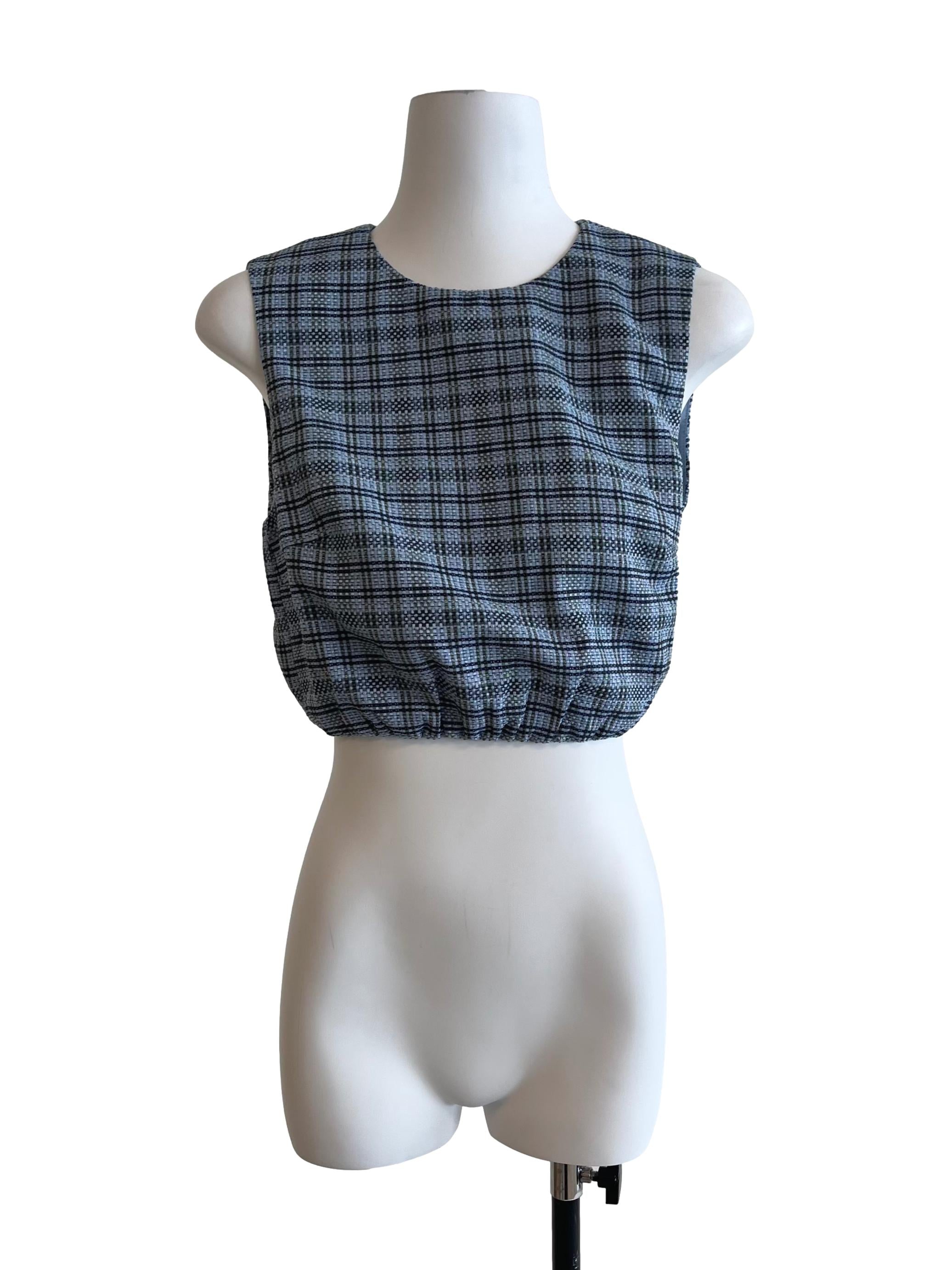 Blue Grid Check Waist Tie Sleeveless Top