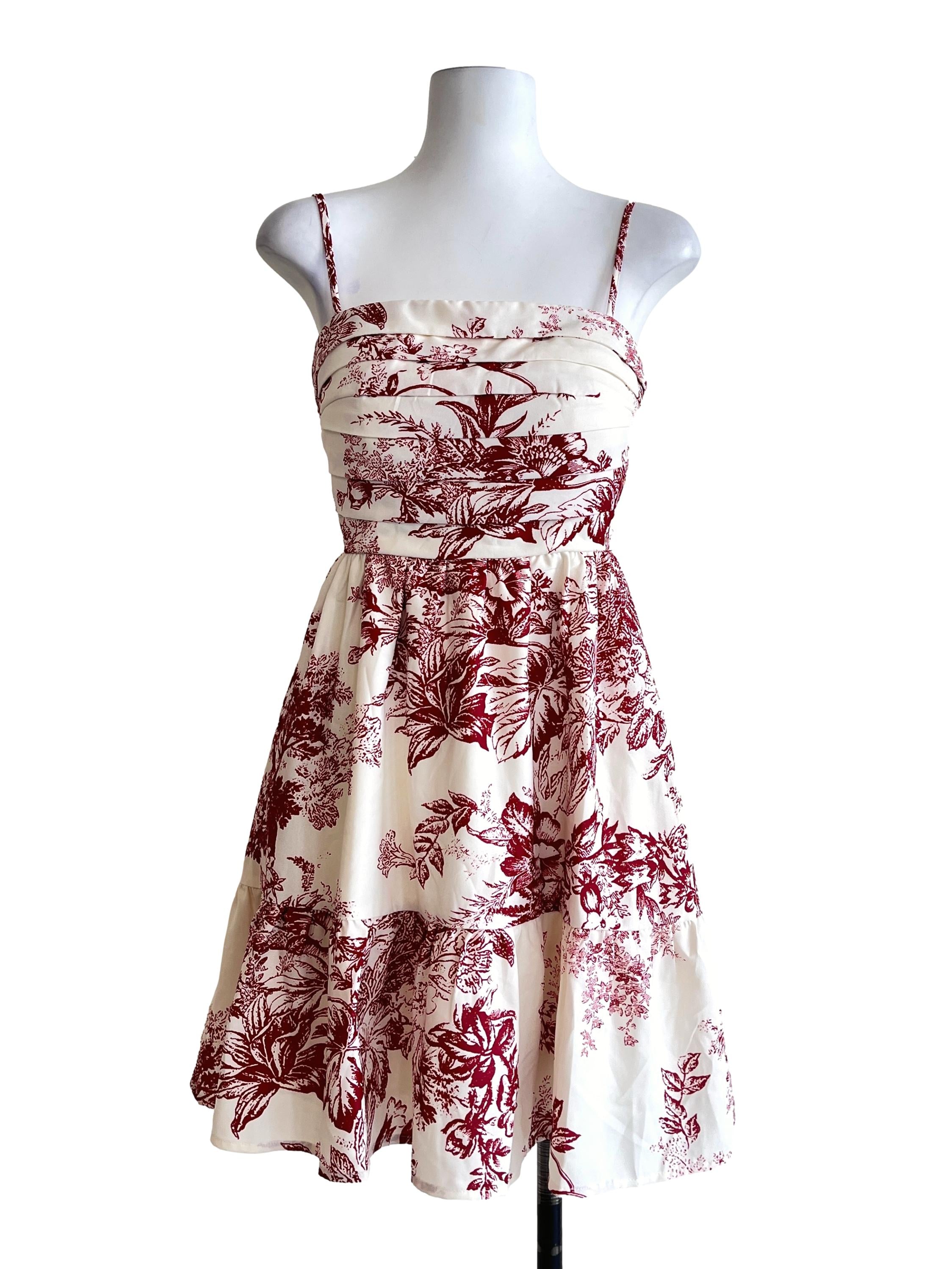 Creamy White Floral Printed Spaghetti Strap A-Line Dress