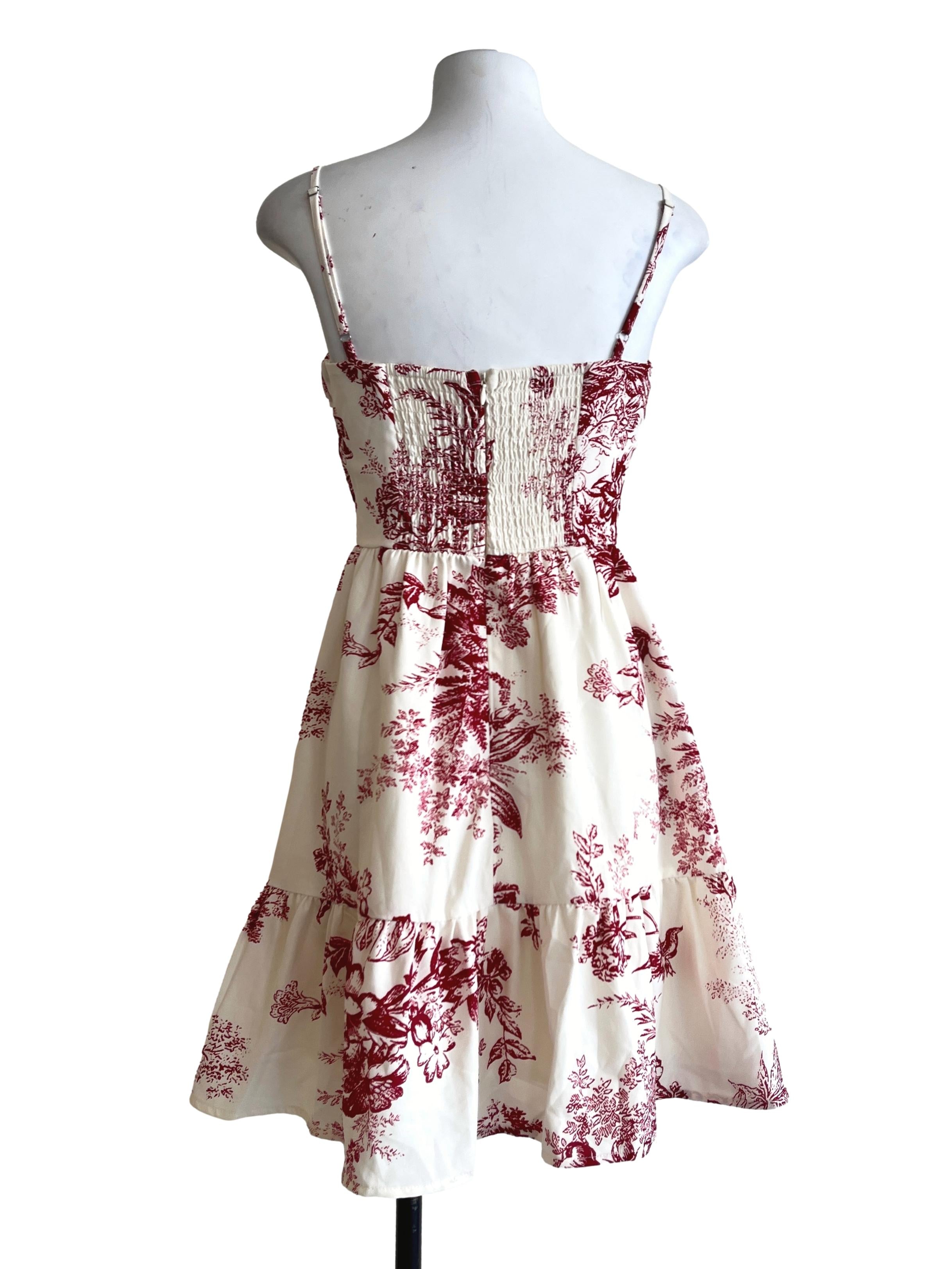 Creamy White Floral Printed Spaghetti Strap A-Line Dress