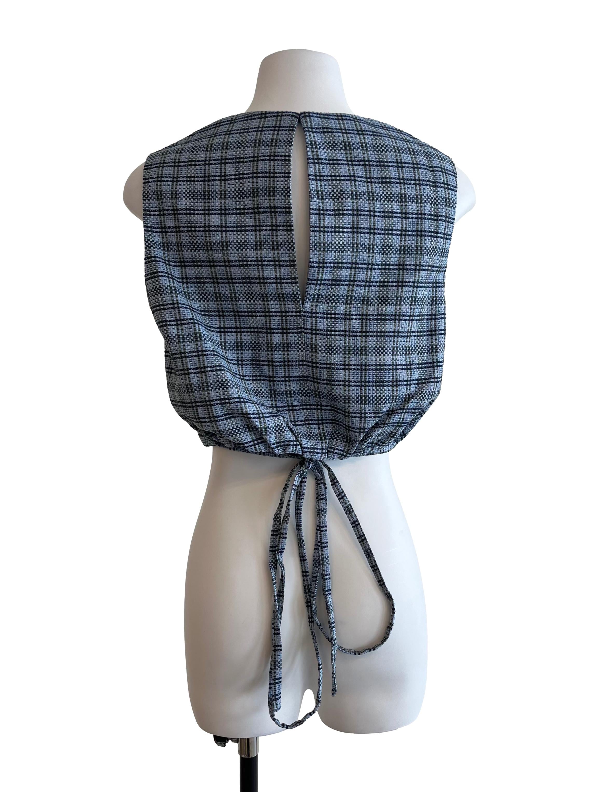 Blue Grid Check Waist Tie Sleeveless Top