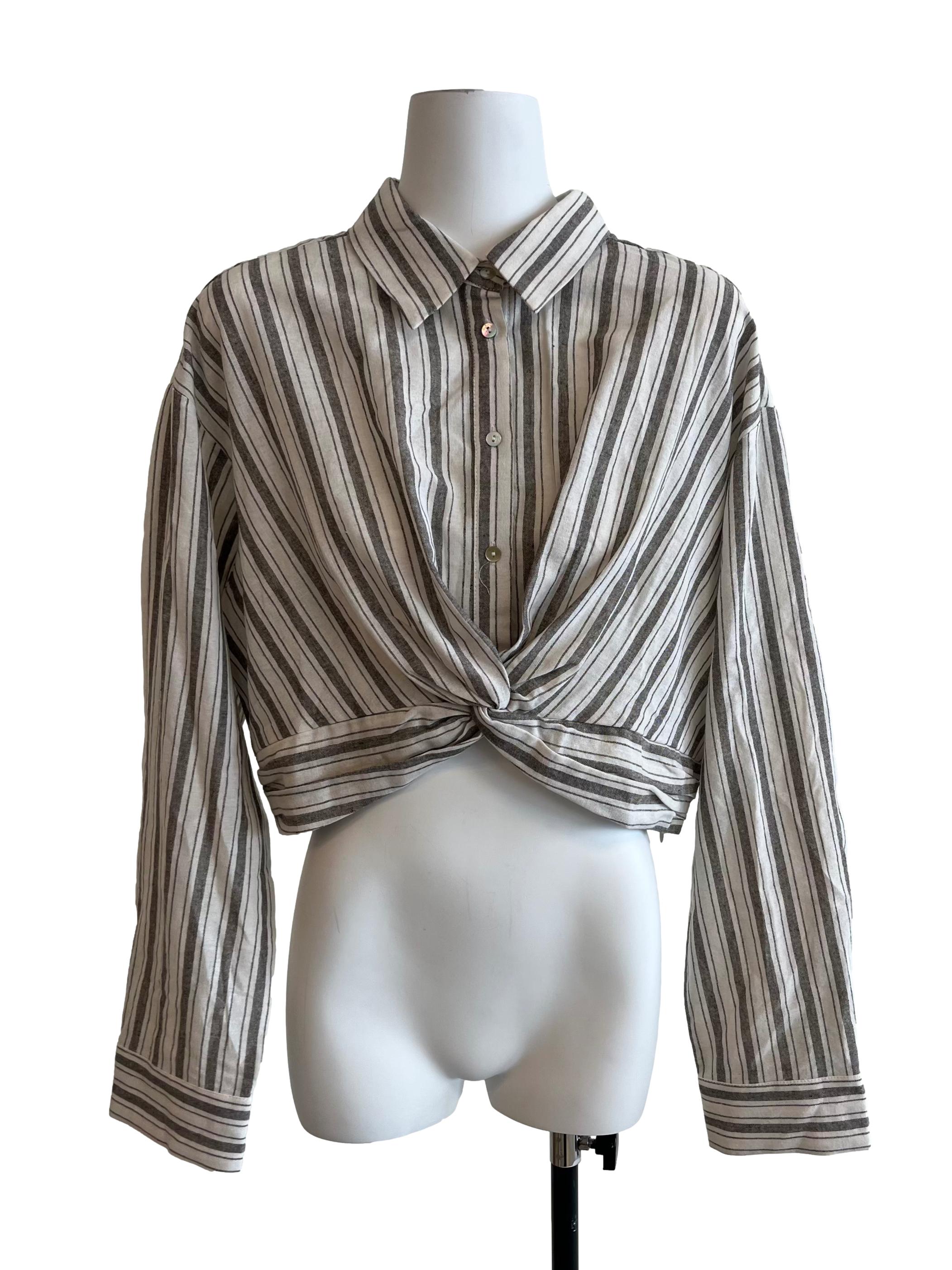 Grey Stripe Collared Long Sleeved Top