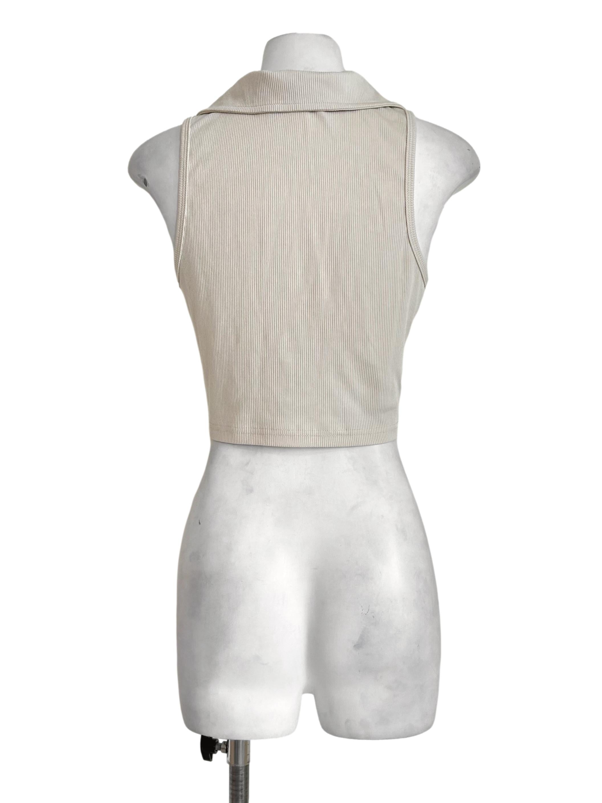 Beige Ribbed Polo Crop Top