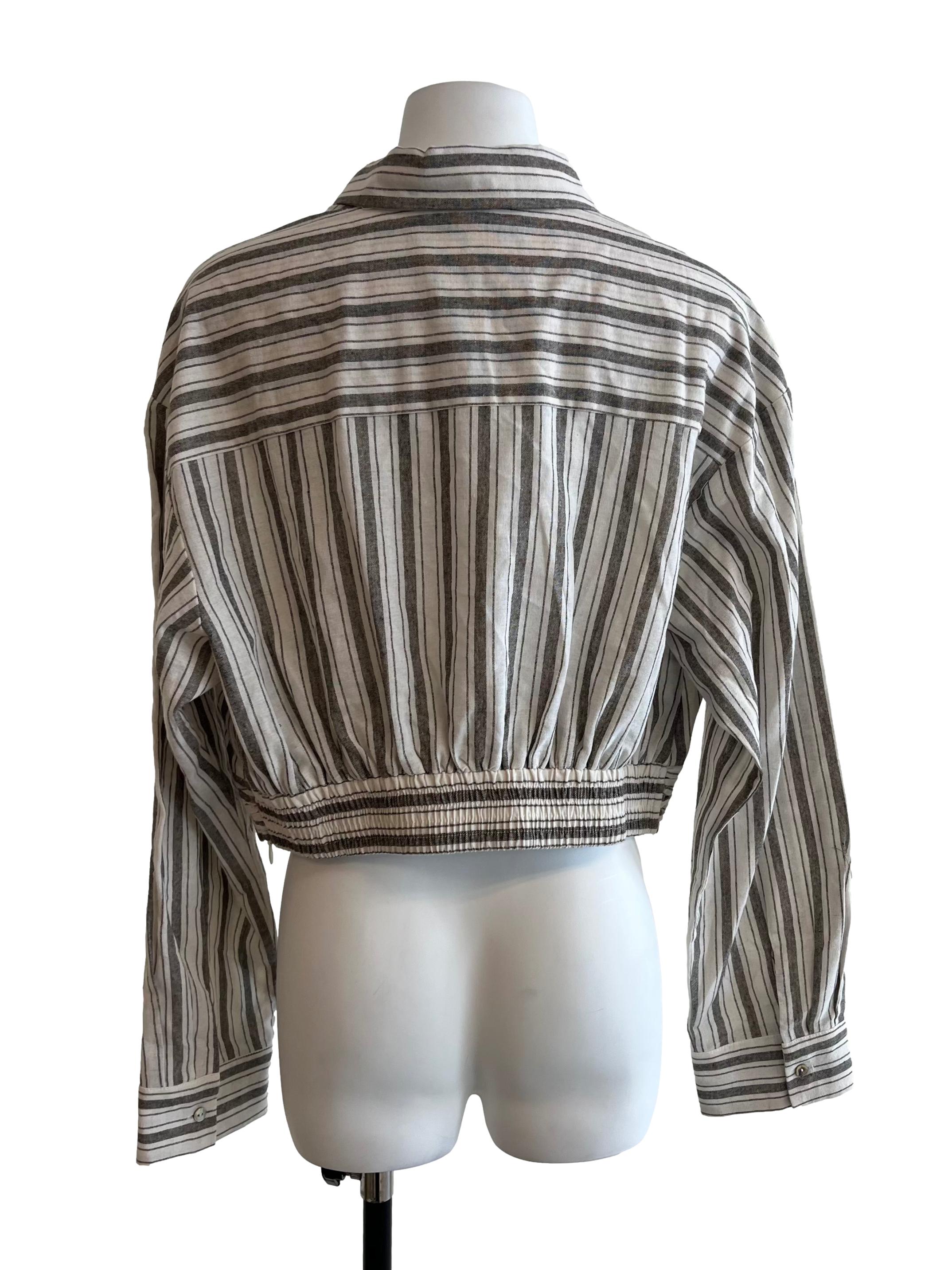 Grey Stripe Collared Long Sleeved Top