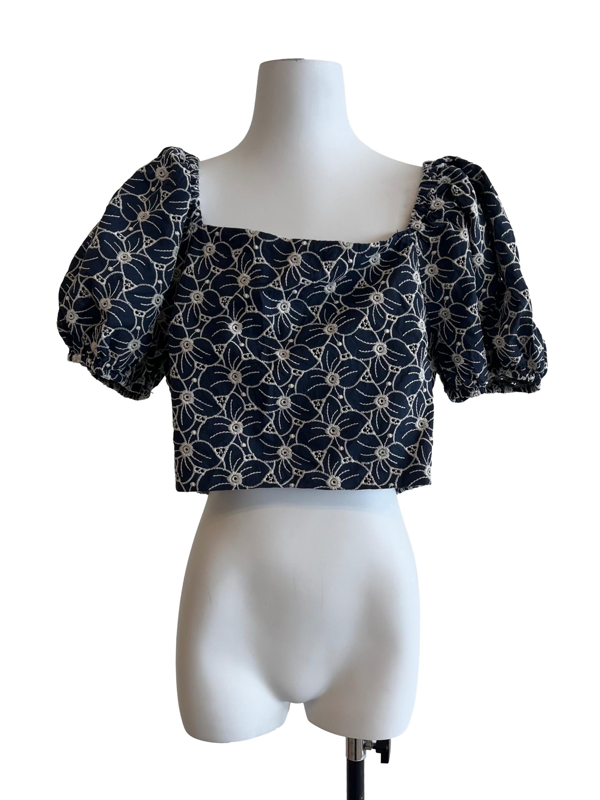 Navy Blue White Floral Embroidery Top