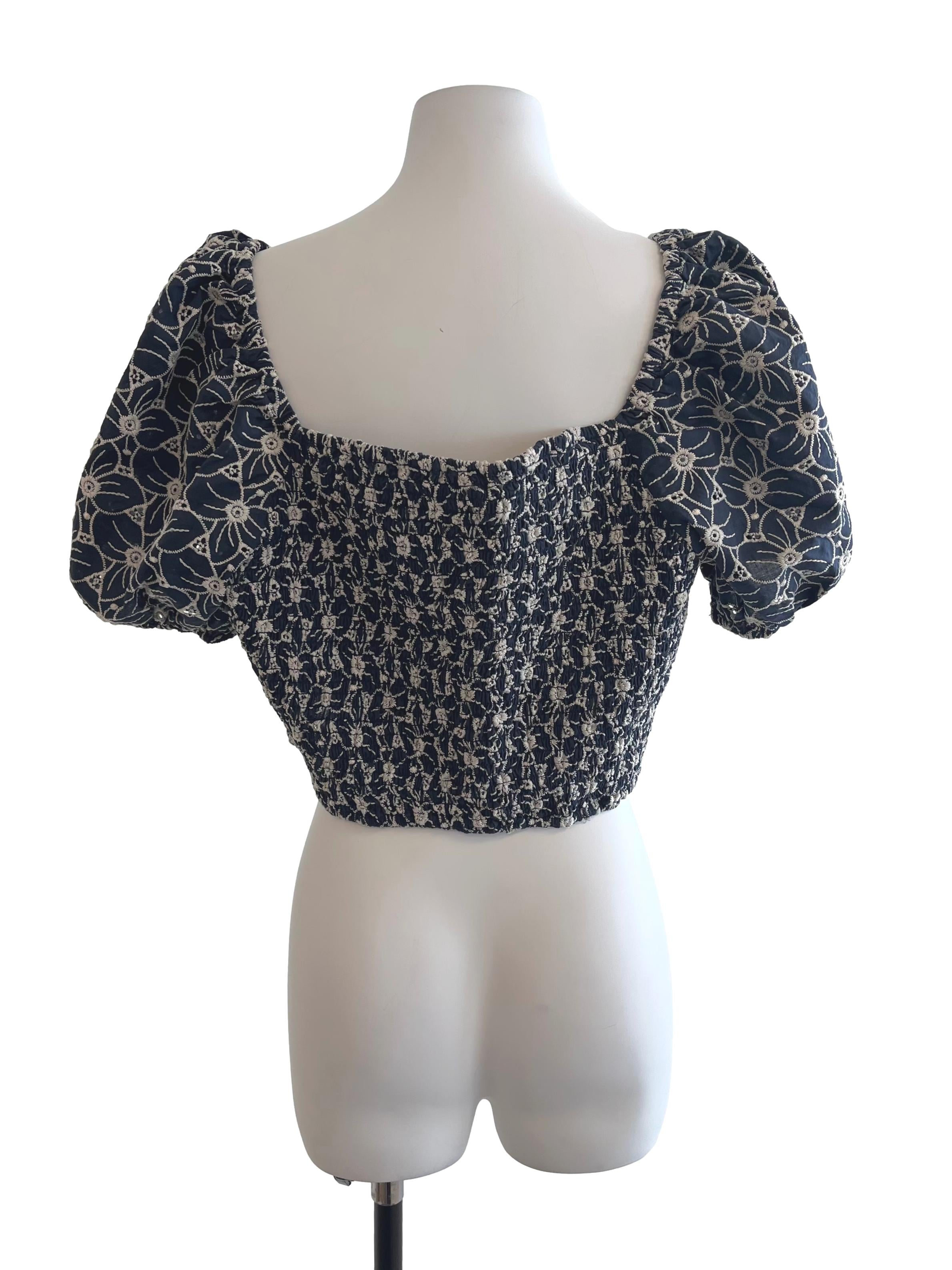 Navy Blue White Floral Embroidery Top