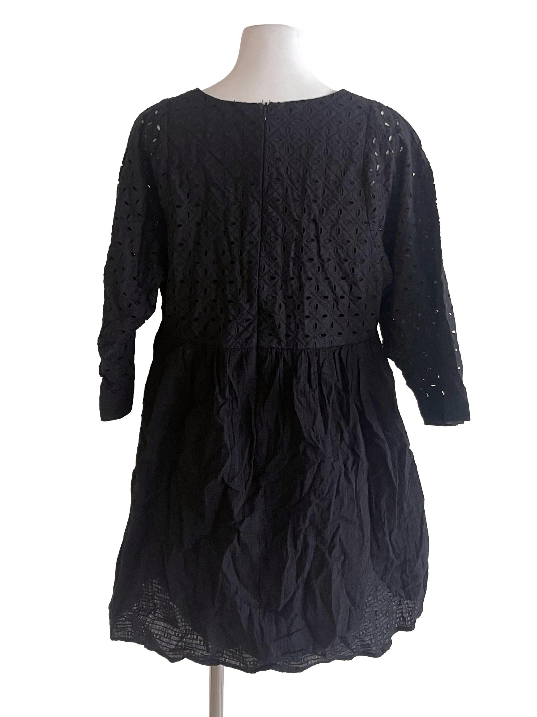 Black Embroidered Medium Sleeve Babydoll Dress