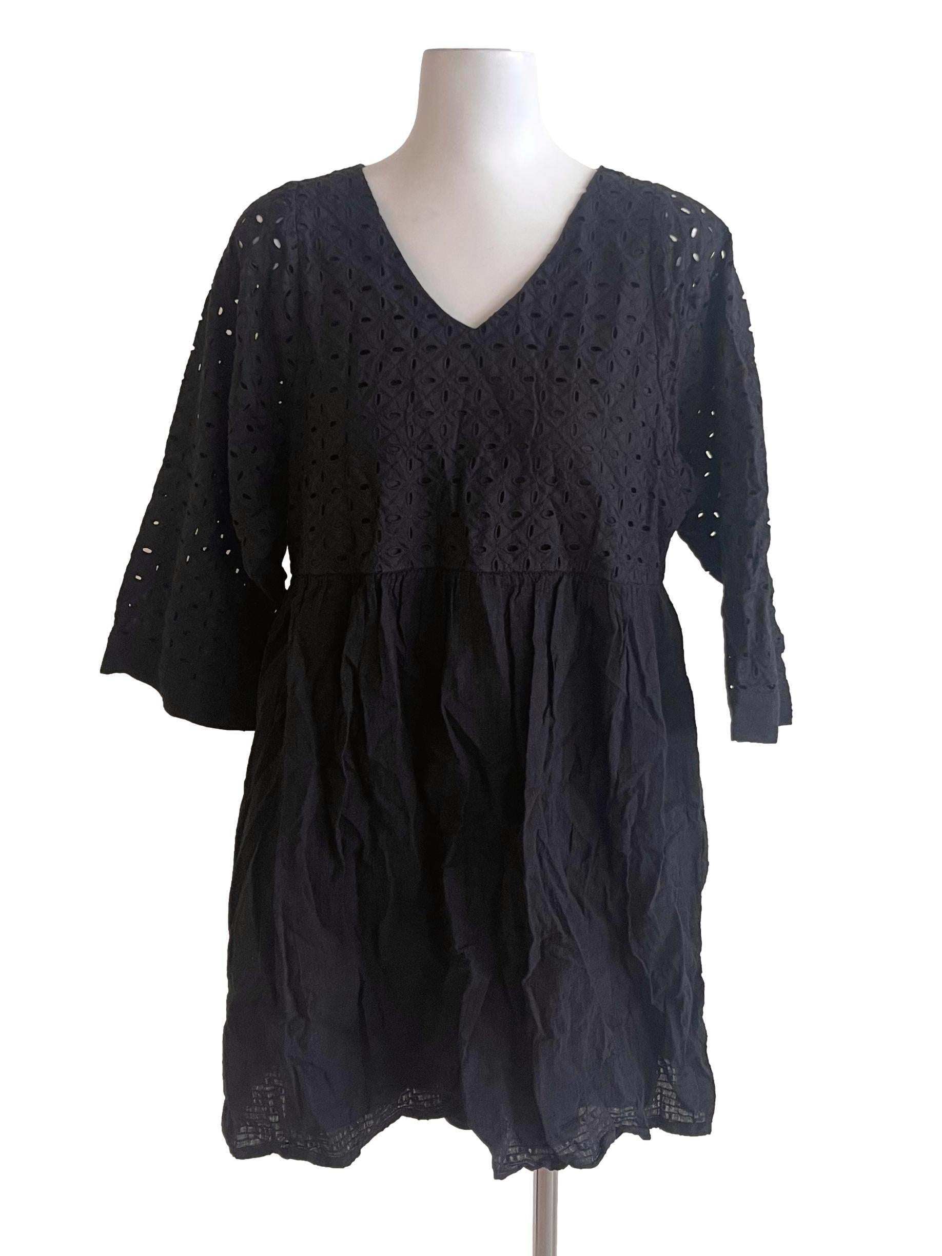 Black Embroidered Medium Sleeve Babydoll Dress