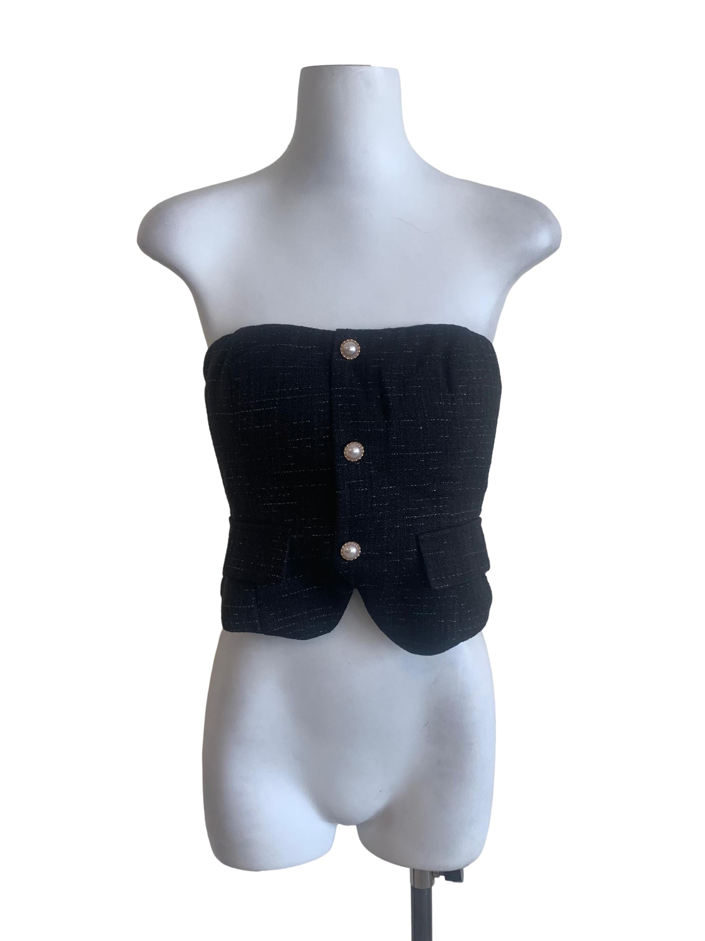 Midnight Black Strapless Tweed Top