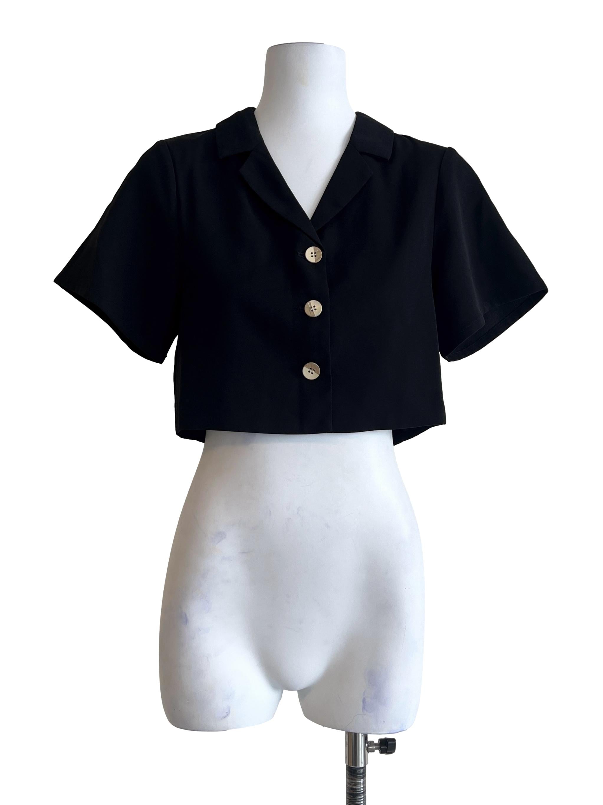 Ink Black V-Neck Short Sleeve Cropped Top
