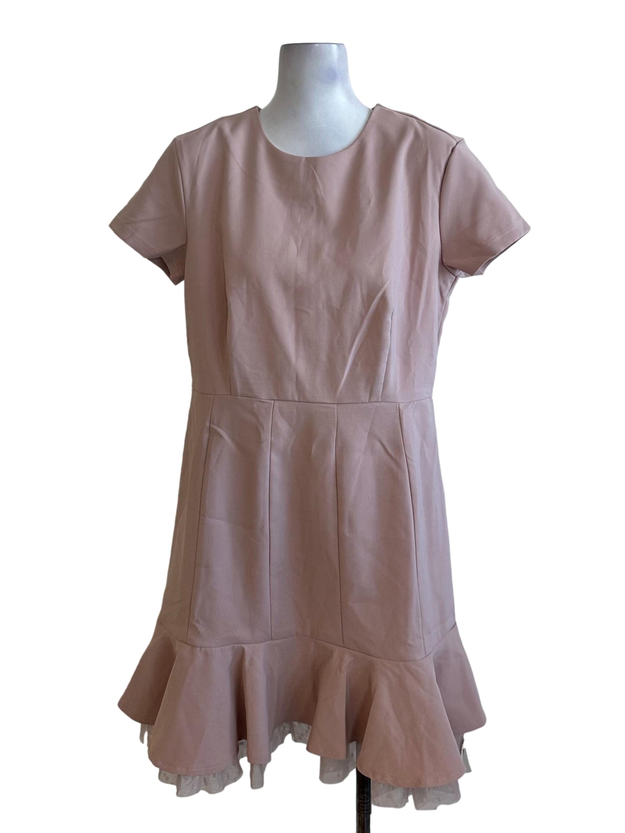 Dusty Pink Round Neck Ruffle Lace Net Dress