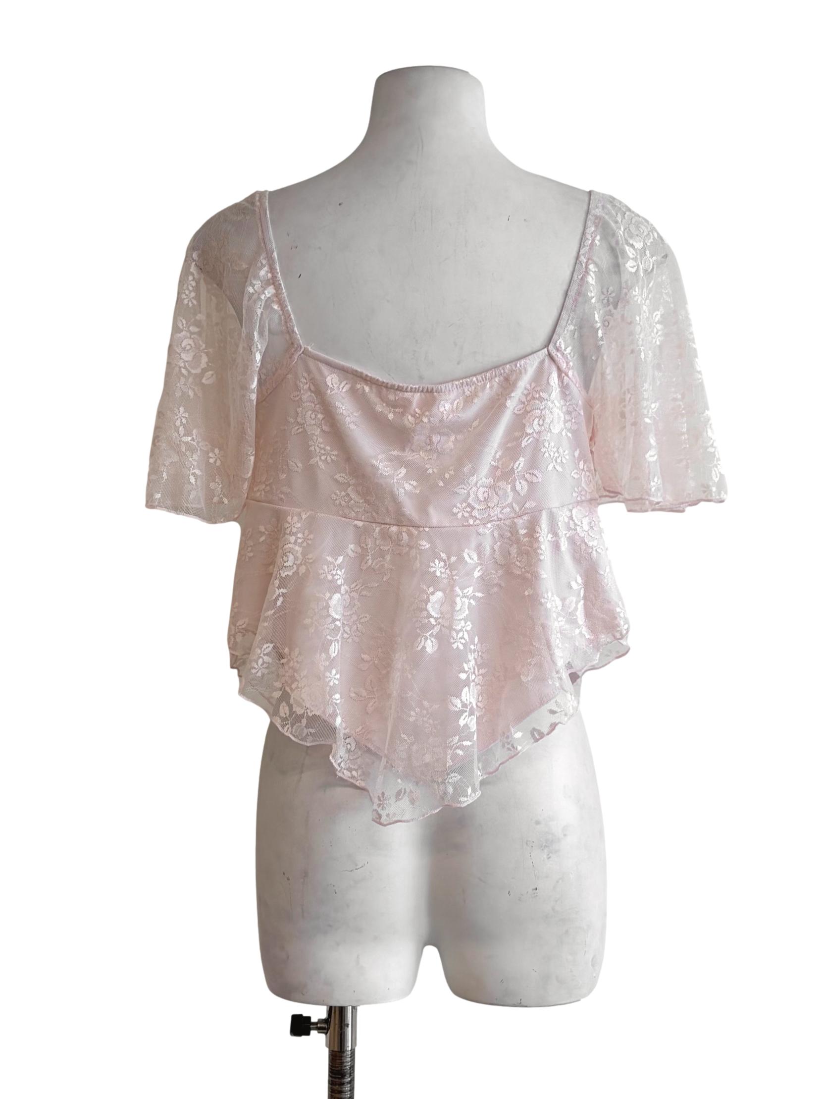 Lemonade Pink Floral Mesh Puff Sleeve Crop Top