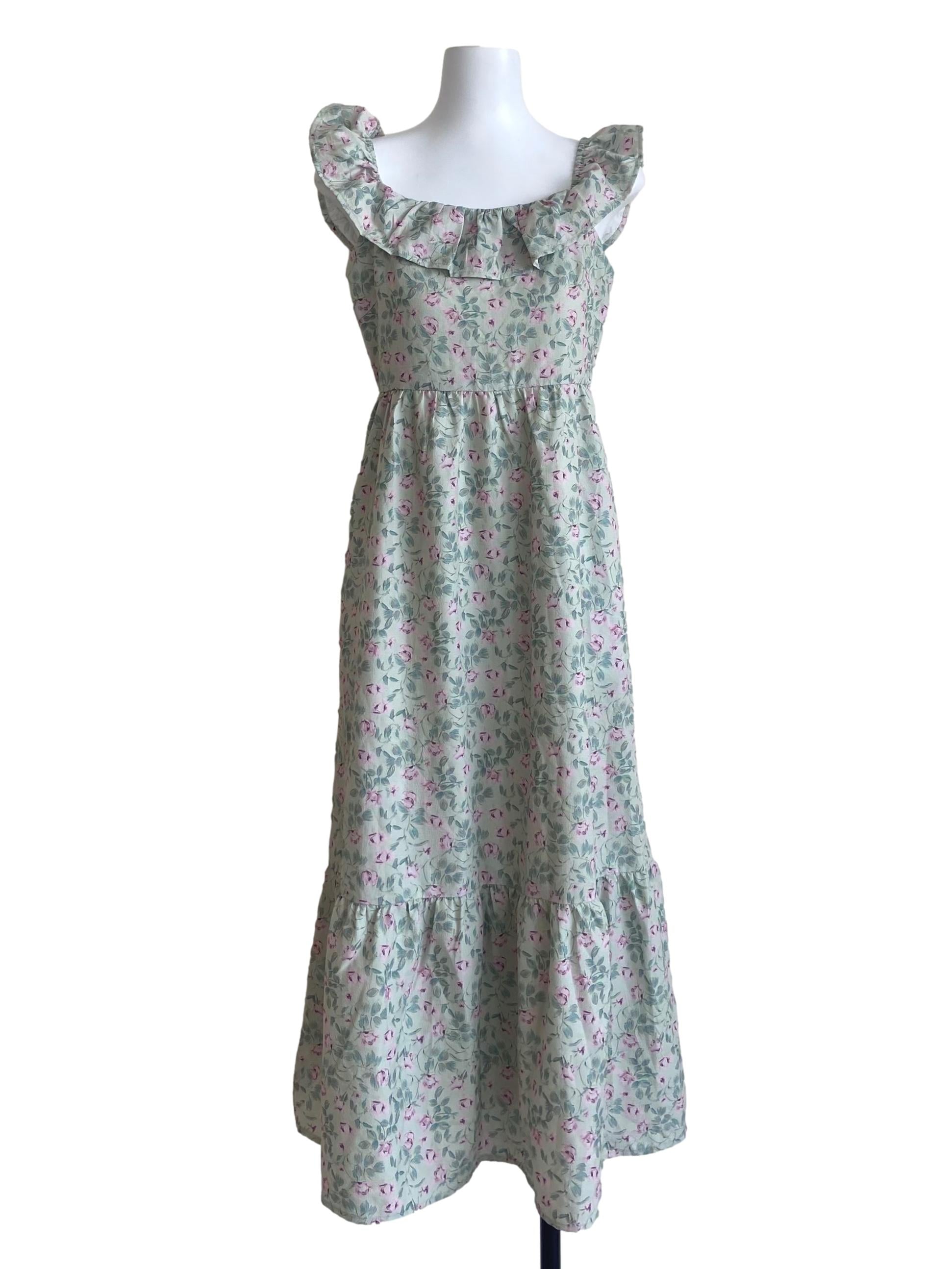 Mint Green Floral Ruffles Sleeve Dropwaist Dress