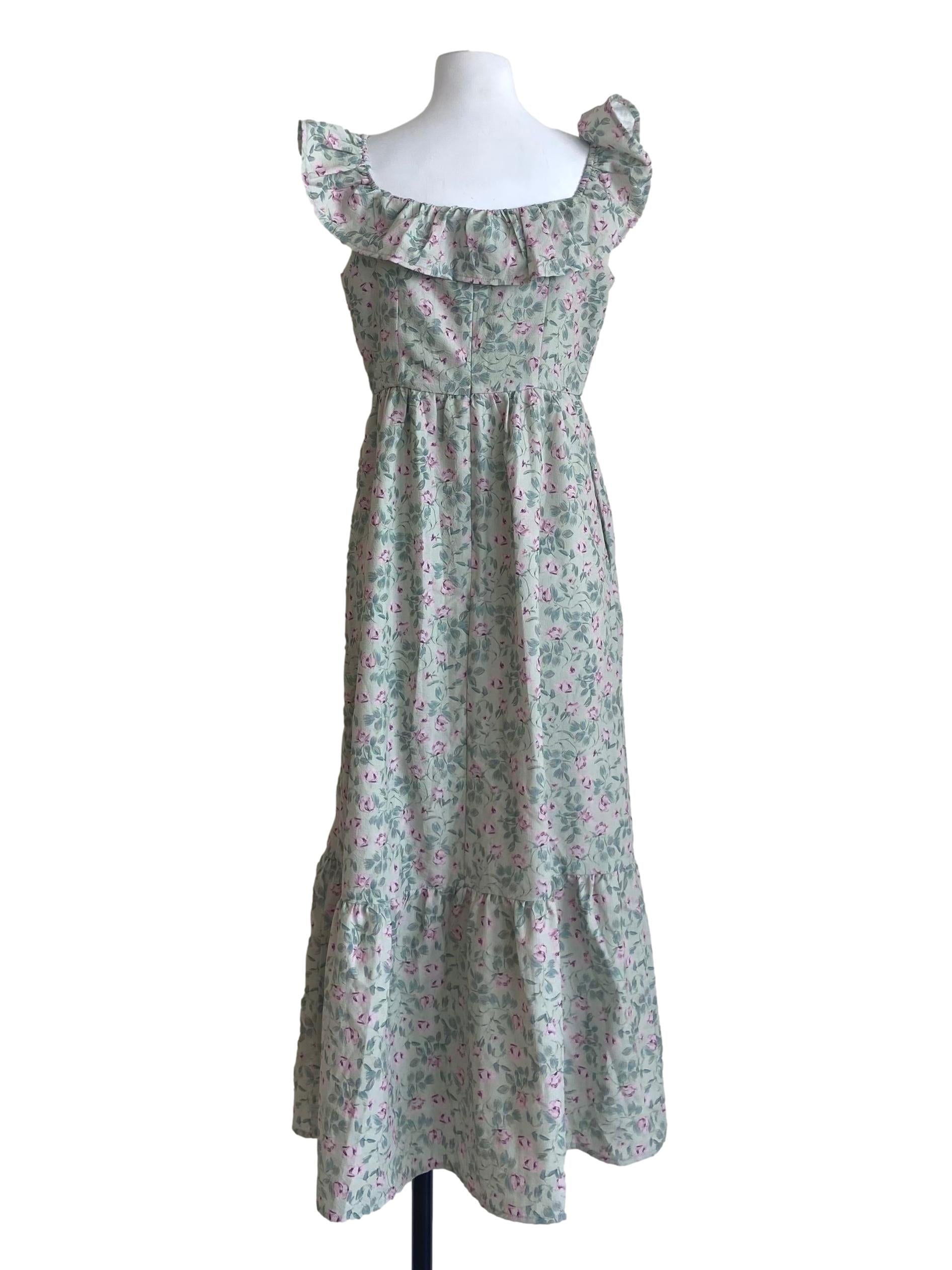 Mint Green Floral Ruffles Sleeve Dropwaist Dress