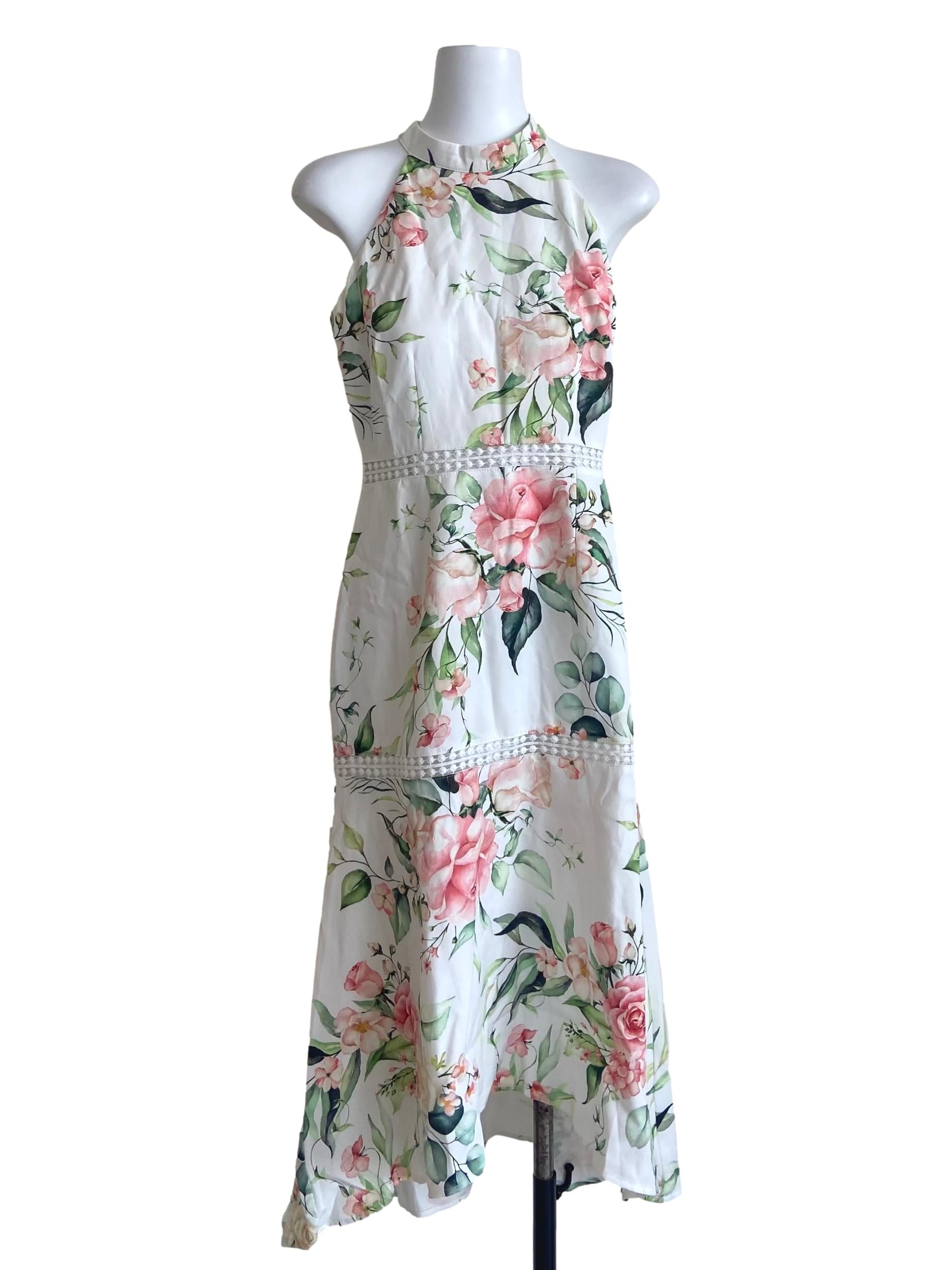 White Floral Halter Neck Asymmetric Dress