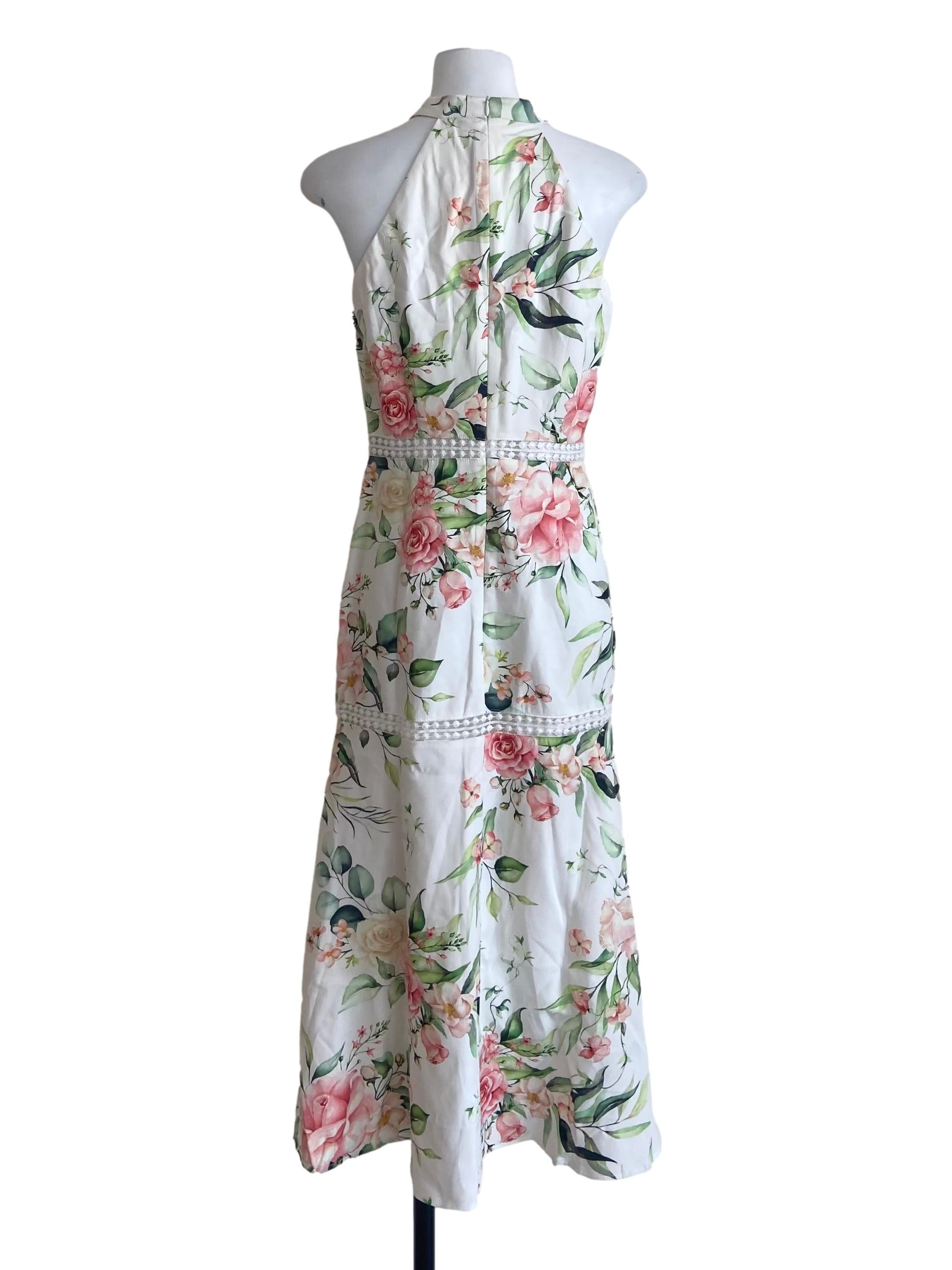 White Floral Halter Neck Asymmetric Dress