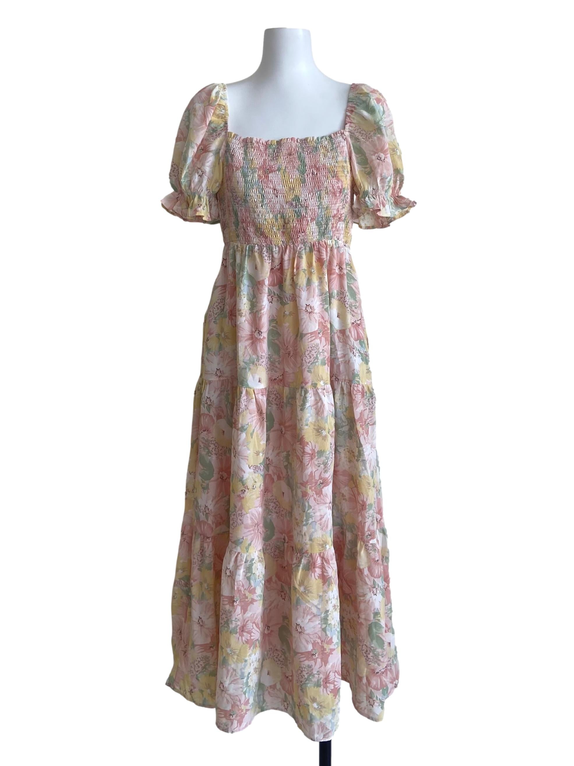 Salmon Pink & Yellow Floral Layered Empire Dress