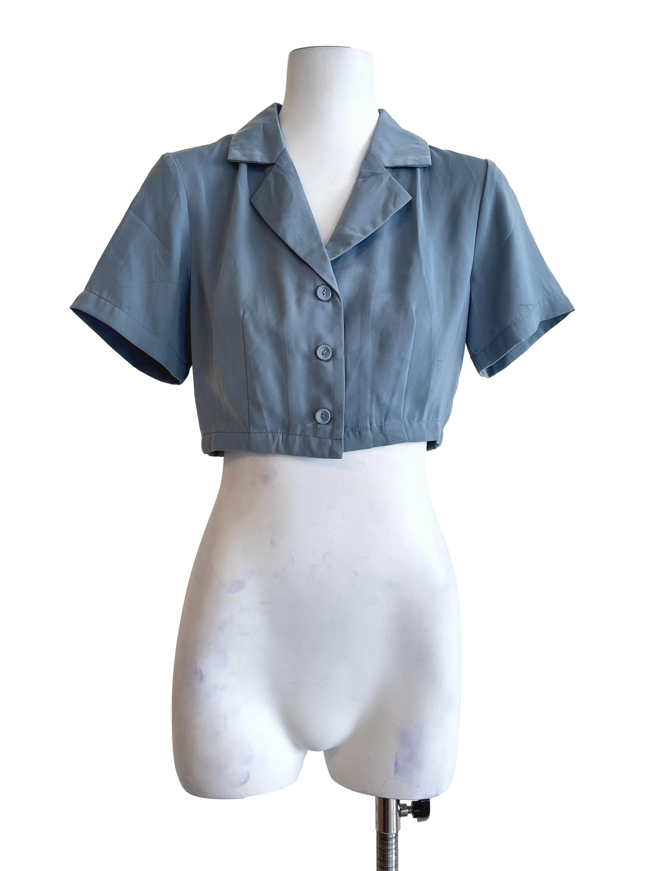 Stone Blue V-Neck Short Sleeve Cropped Top TTR