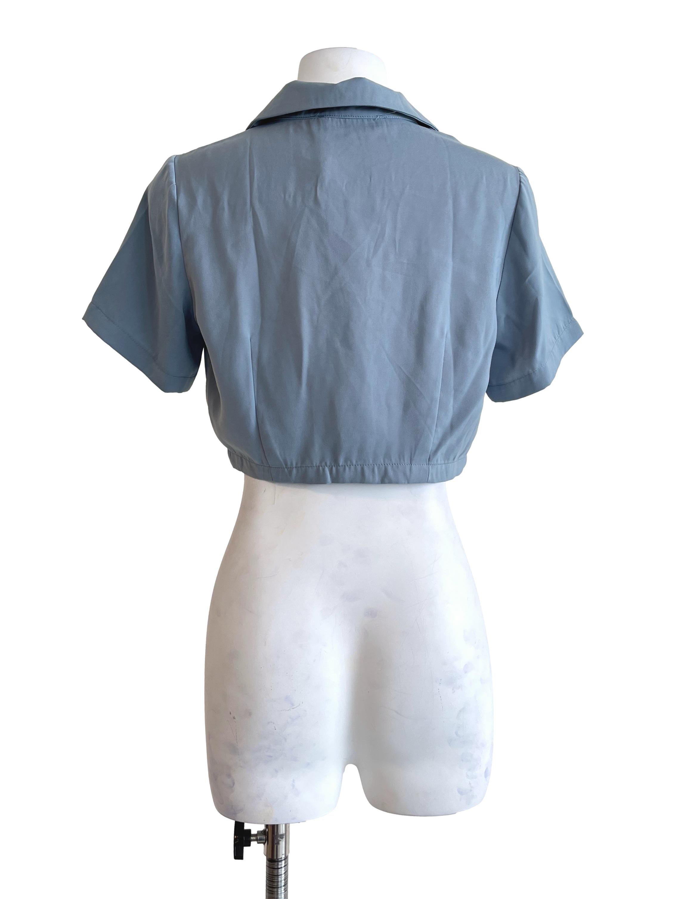 Stone Blue V-Neck Short Sleeve Cropped Top TTR