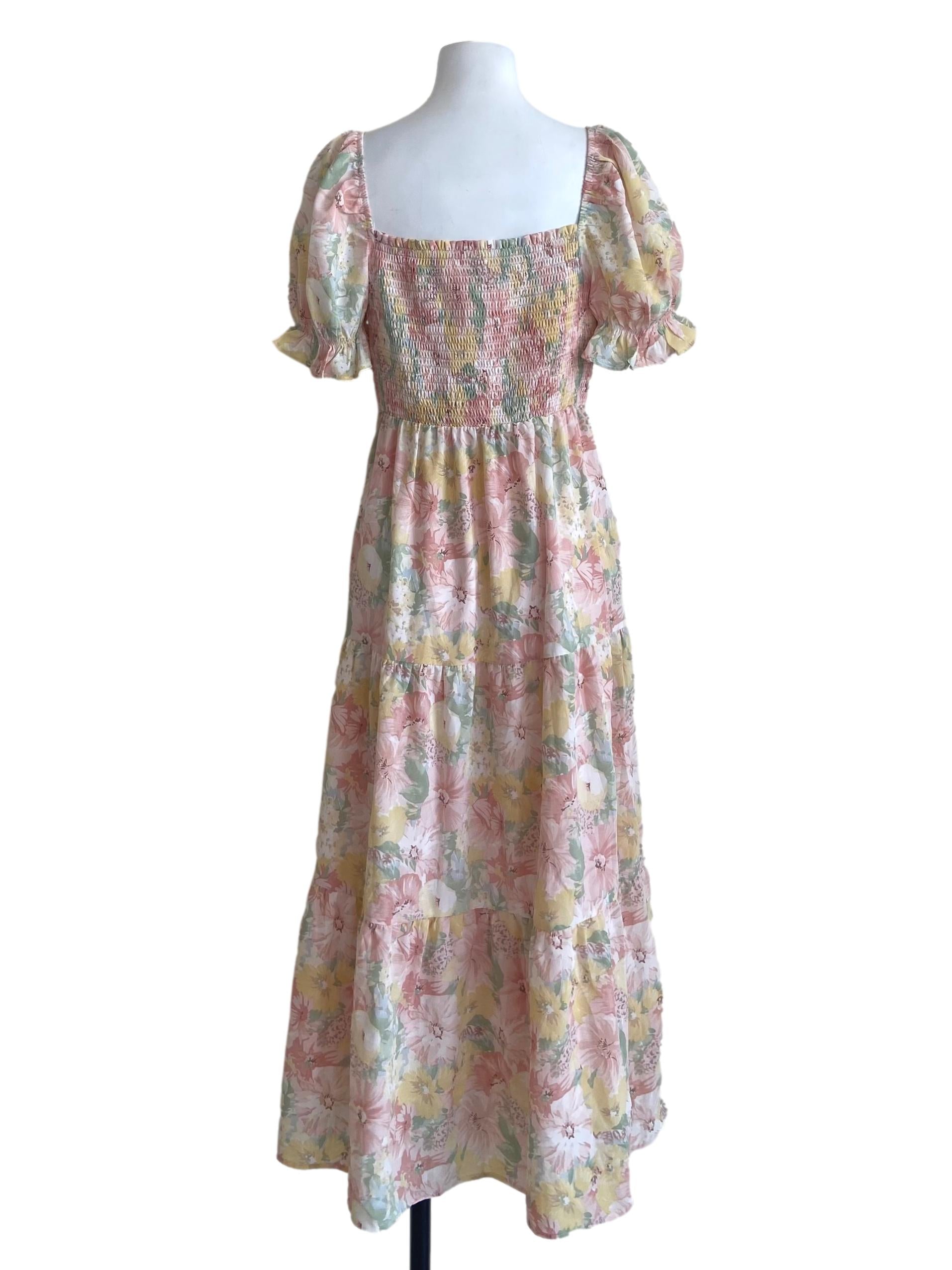 Salmon Pink & Yellow Floral Layered Empire Dress