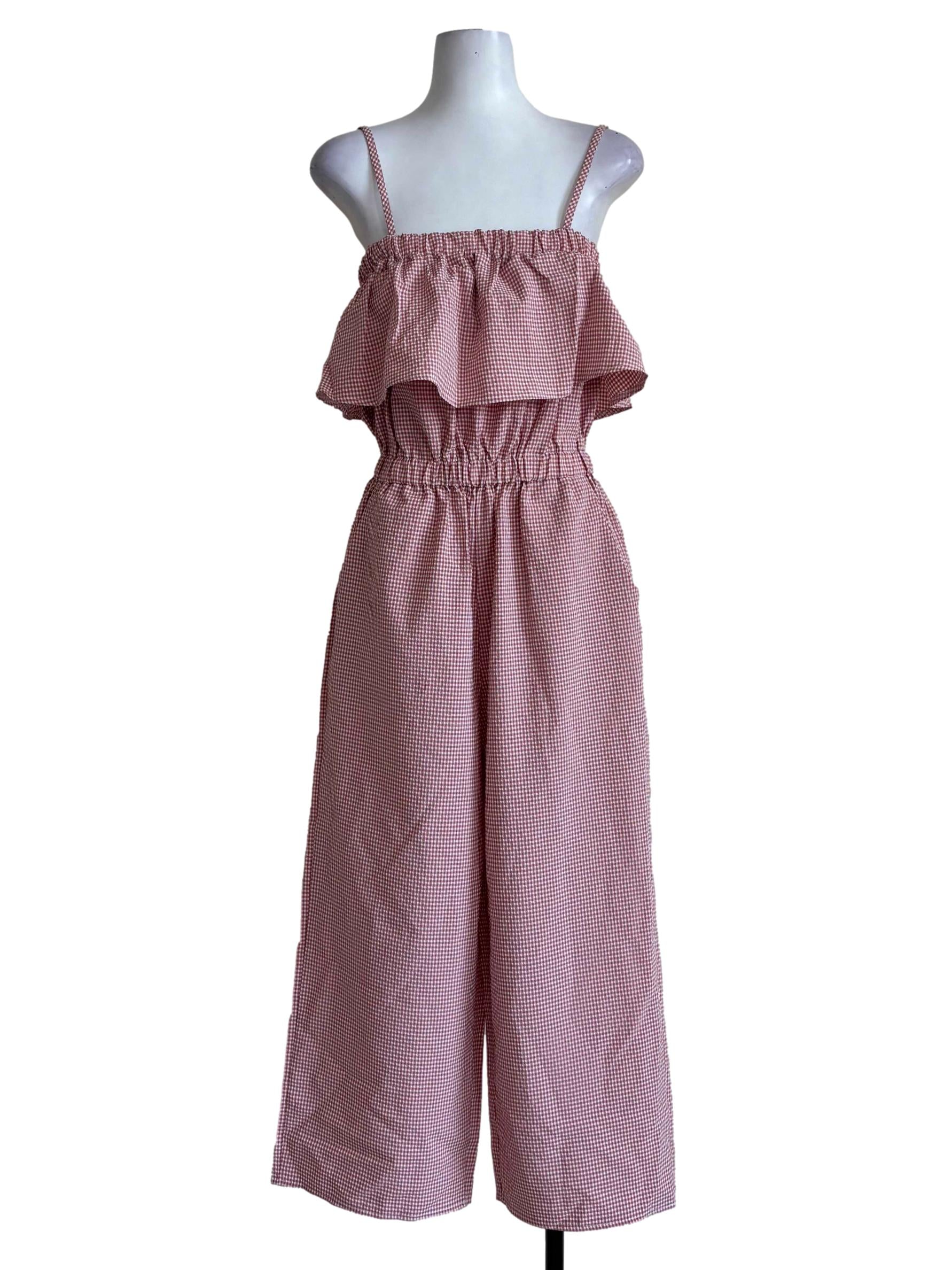 Faded Red Gingham Sleeveless Jumpsuit