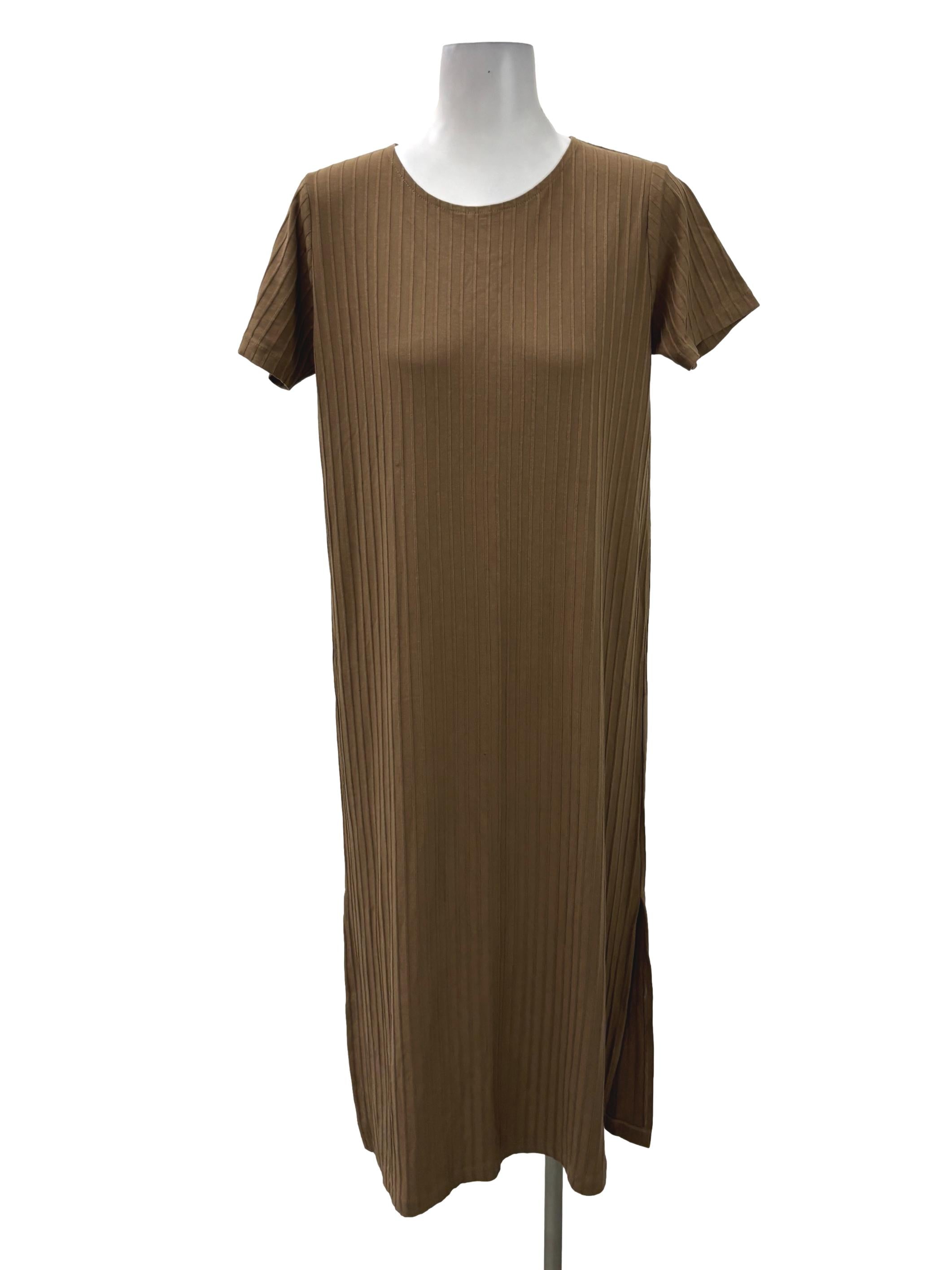 Brown Midi Roundneck Ribbed Dress