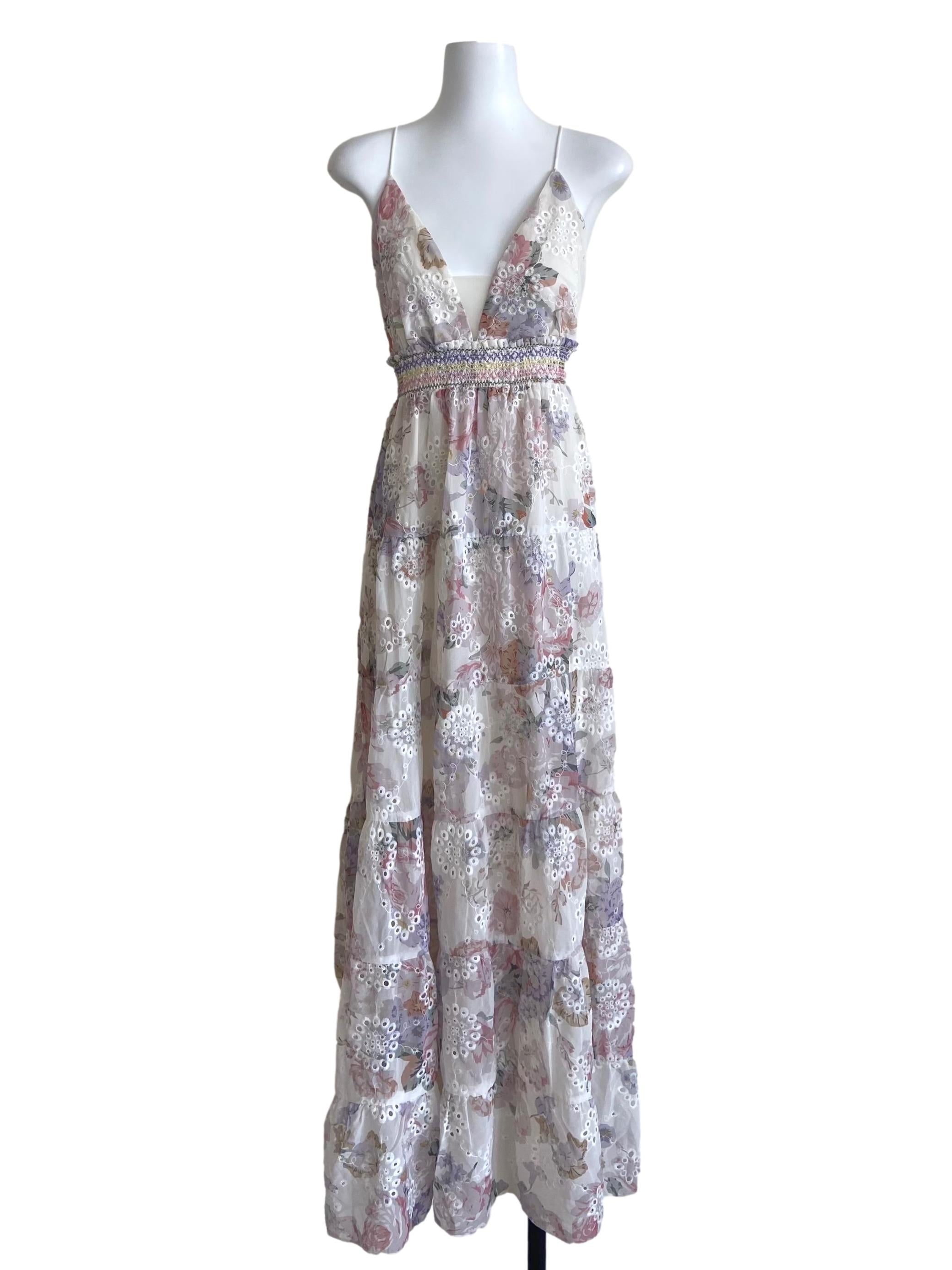 White Spaghetti Straps Floral Embroidery Layered Dress
