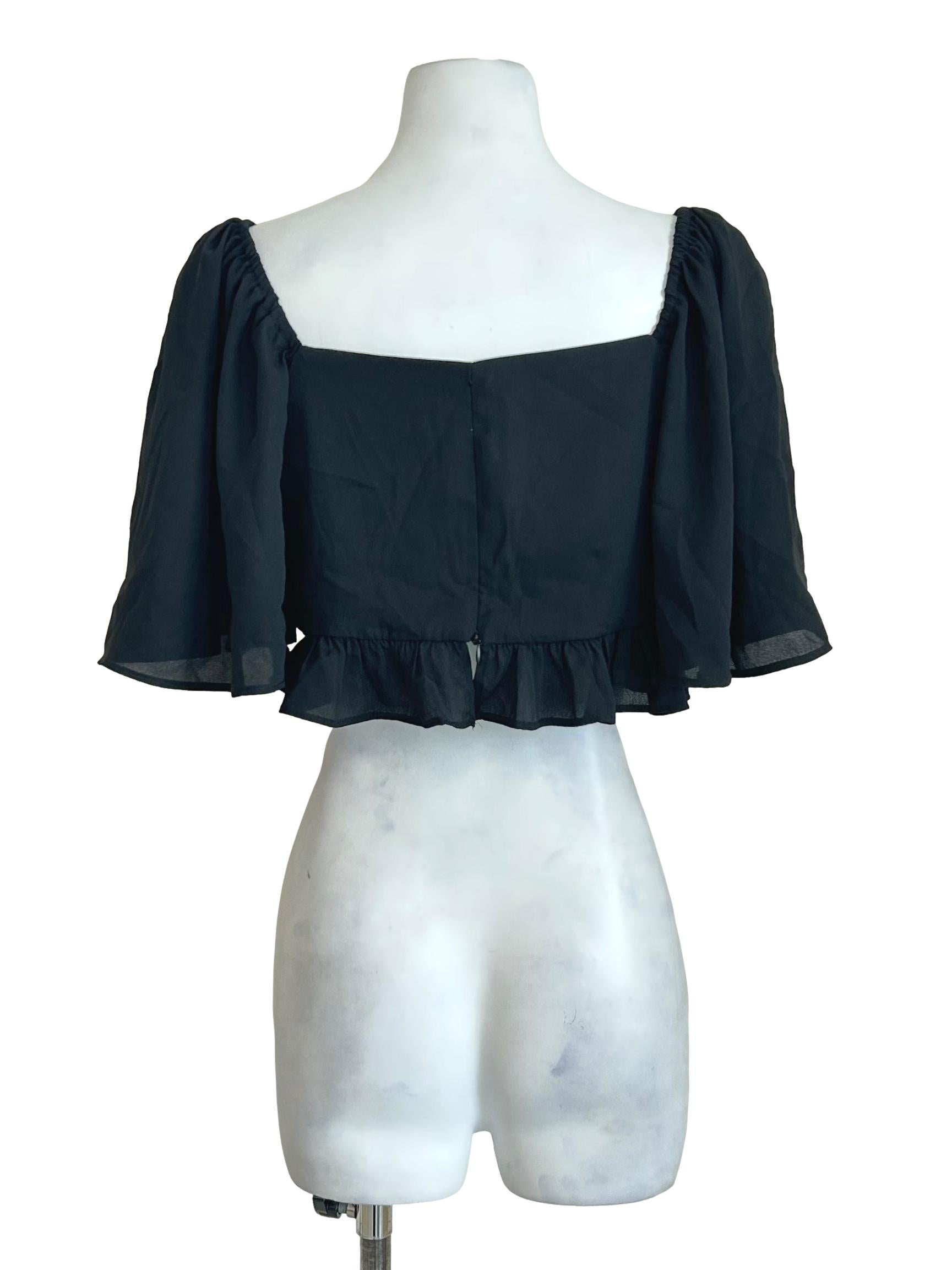 Black Ruched Flutter Sleeve Crop