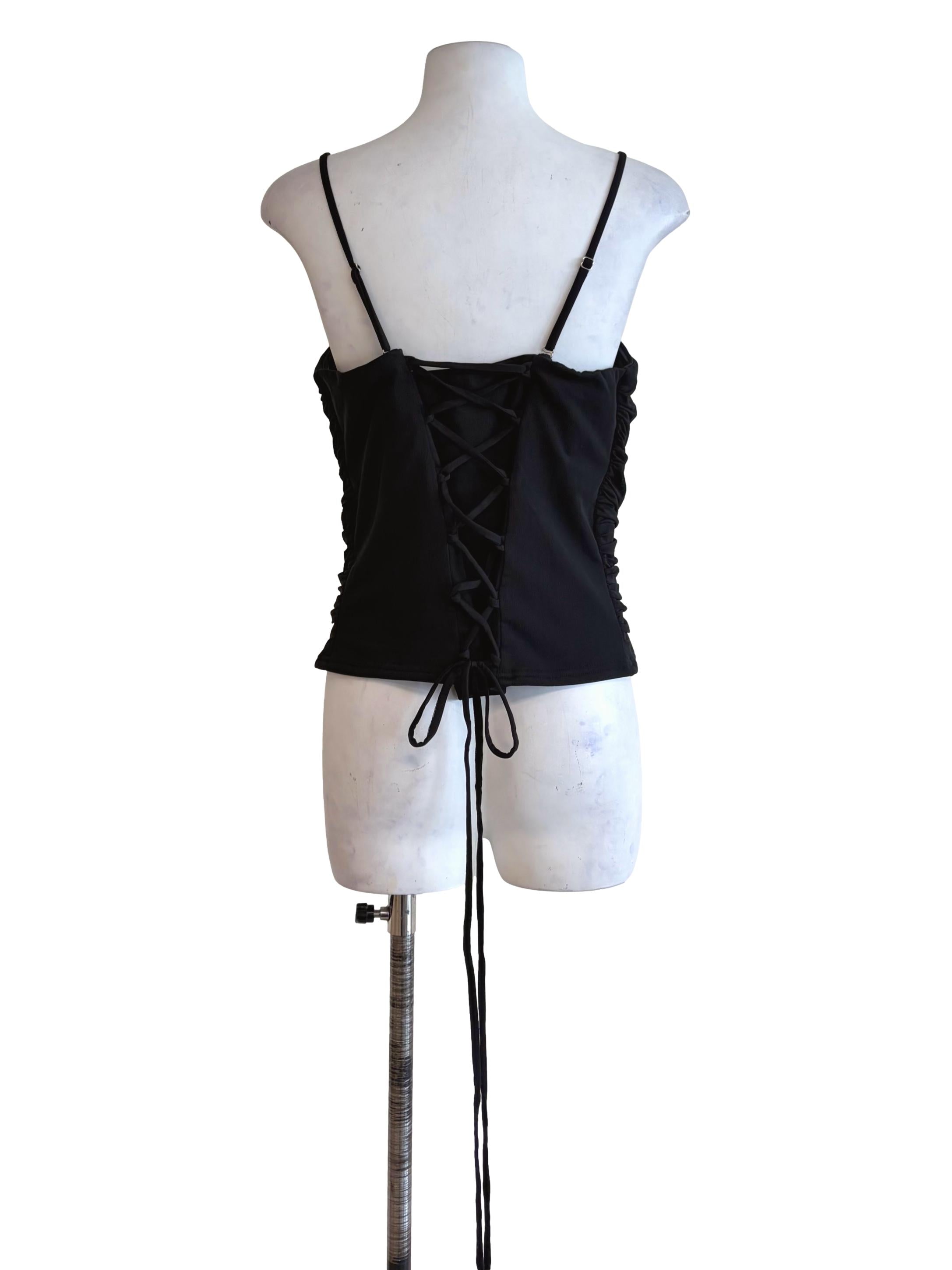 Obsidian Black Mesh Draped Spaghetti Strap Crop Top