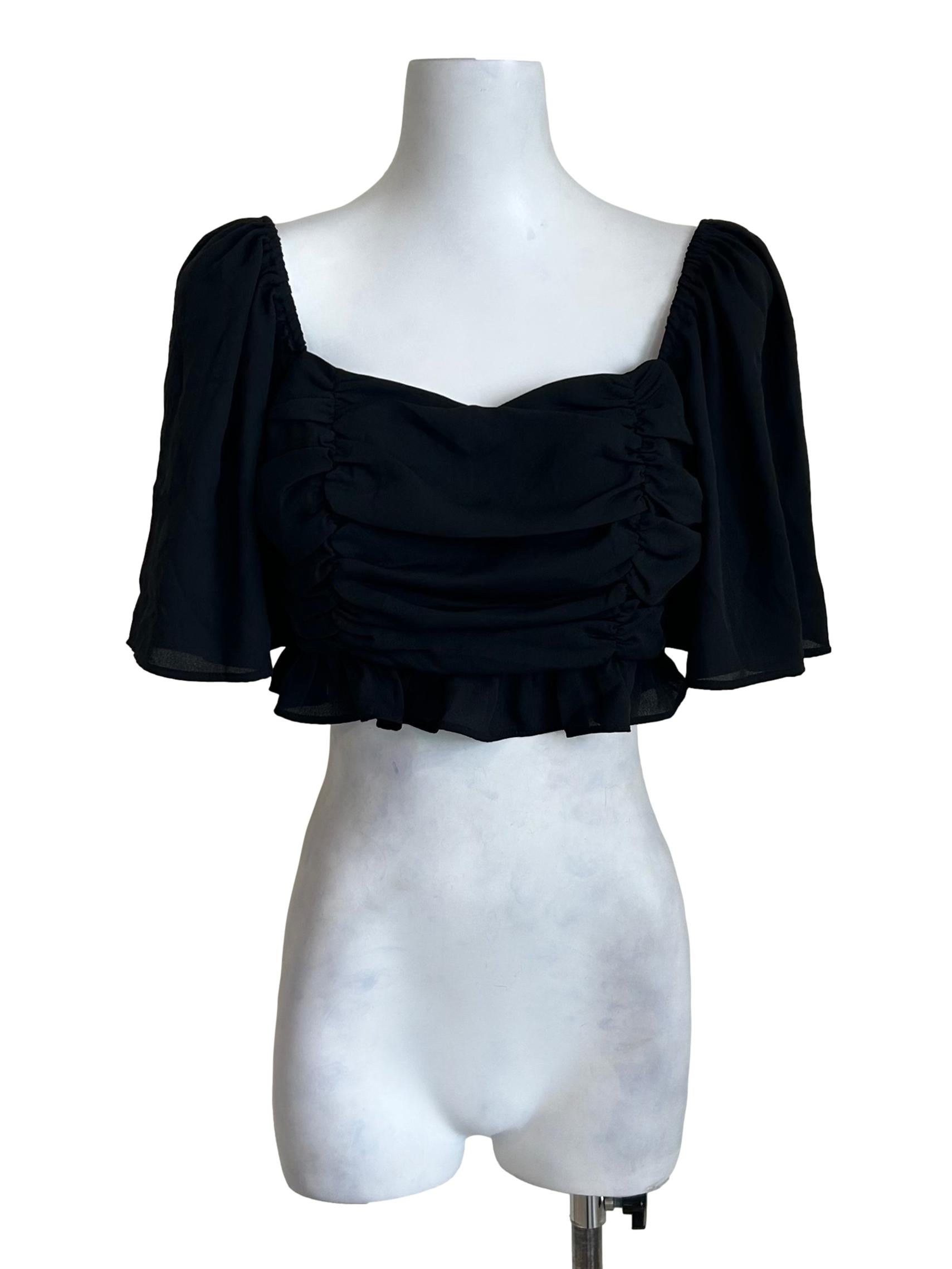 Black Ruched Flutter Sleeve Crop