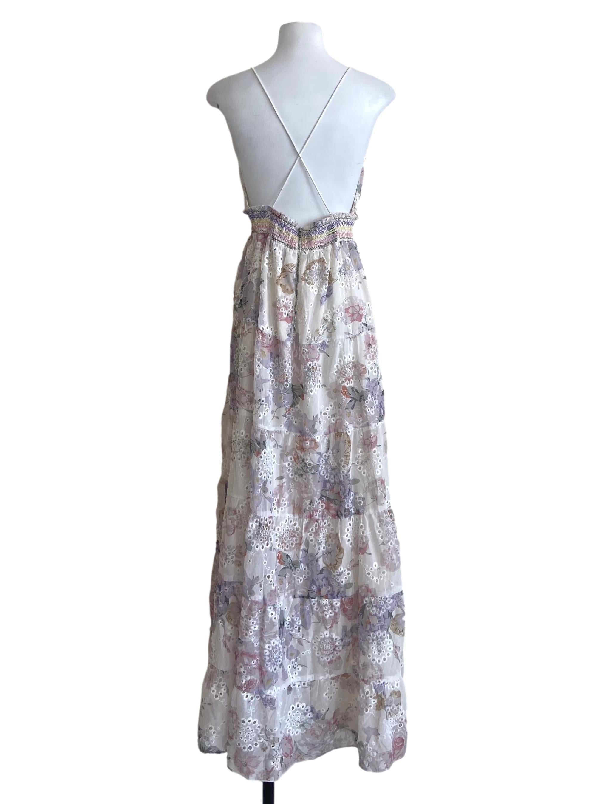 White Spaghetti Straps Floral Embroidery Layered Dress