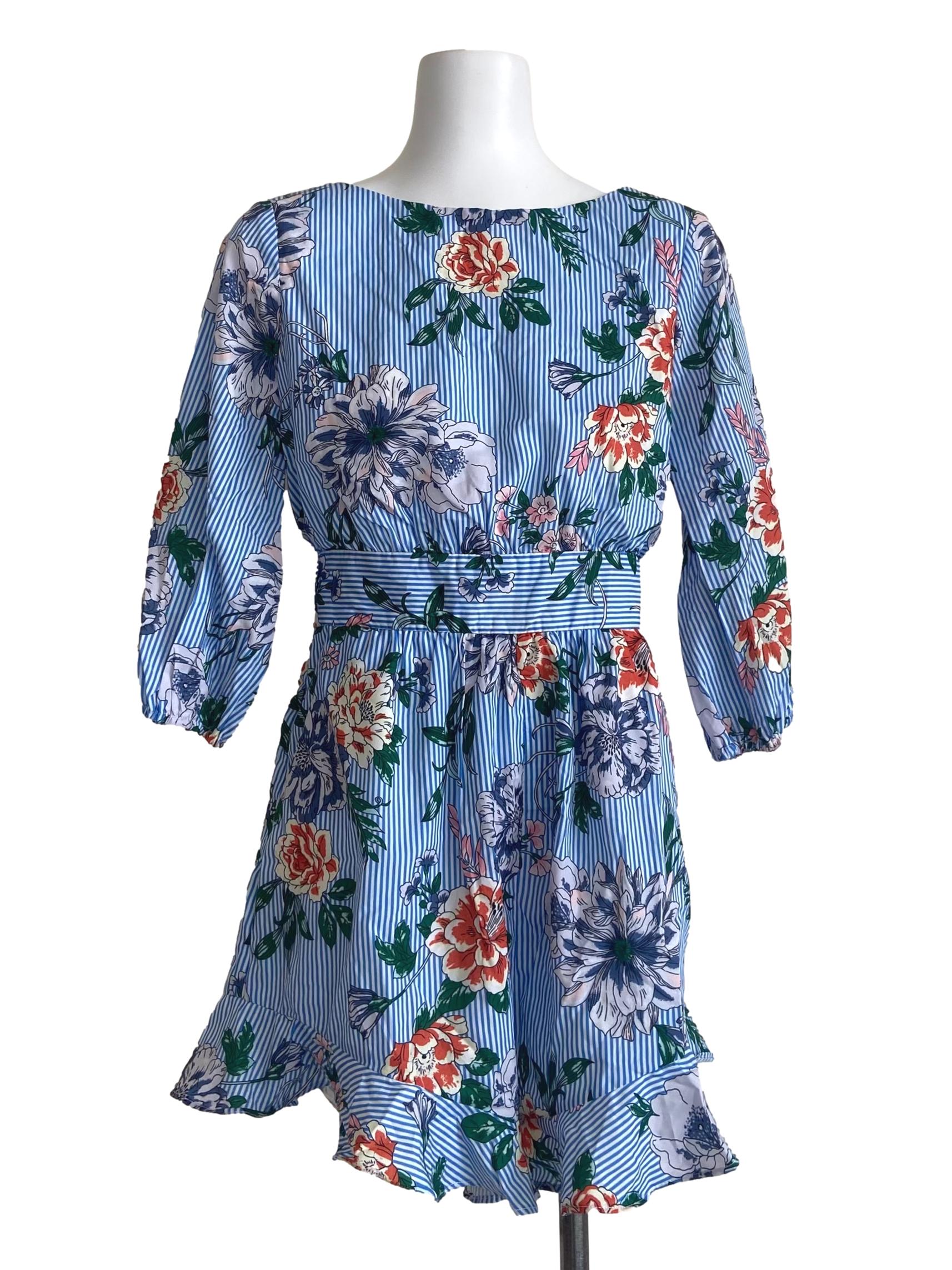 Blue & White Stripe Floral Romper