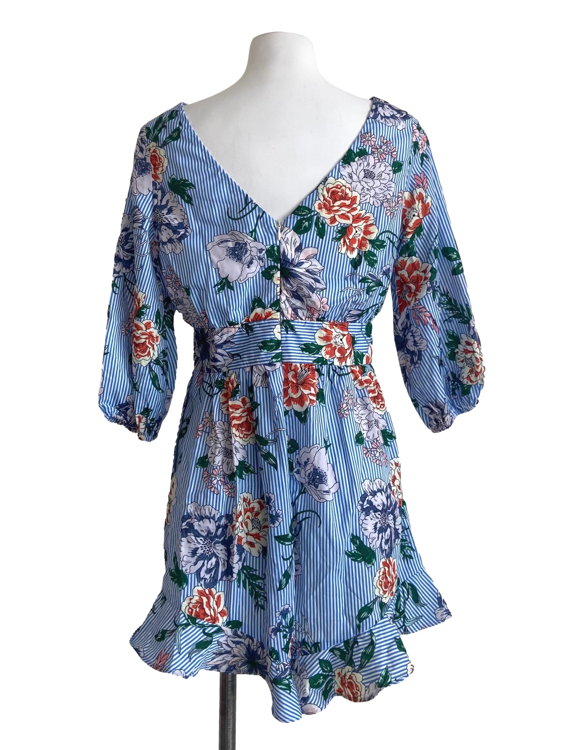 Blue & White Stripe Floral Romper