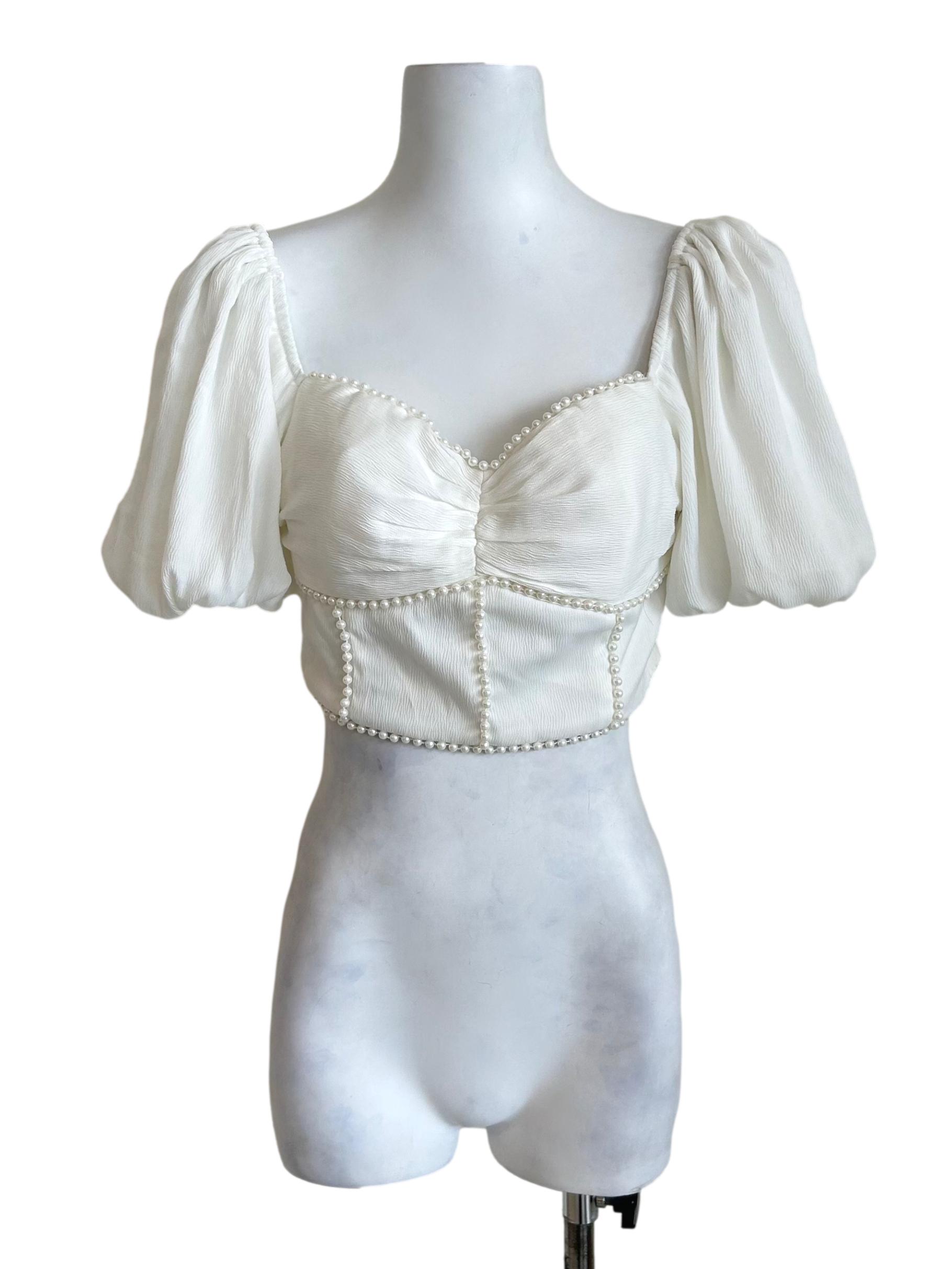 White Pearl Puff Sleeve Crop Top