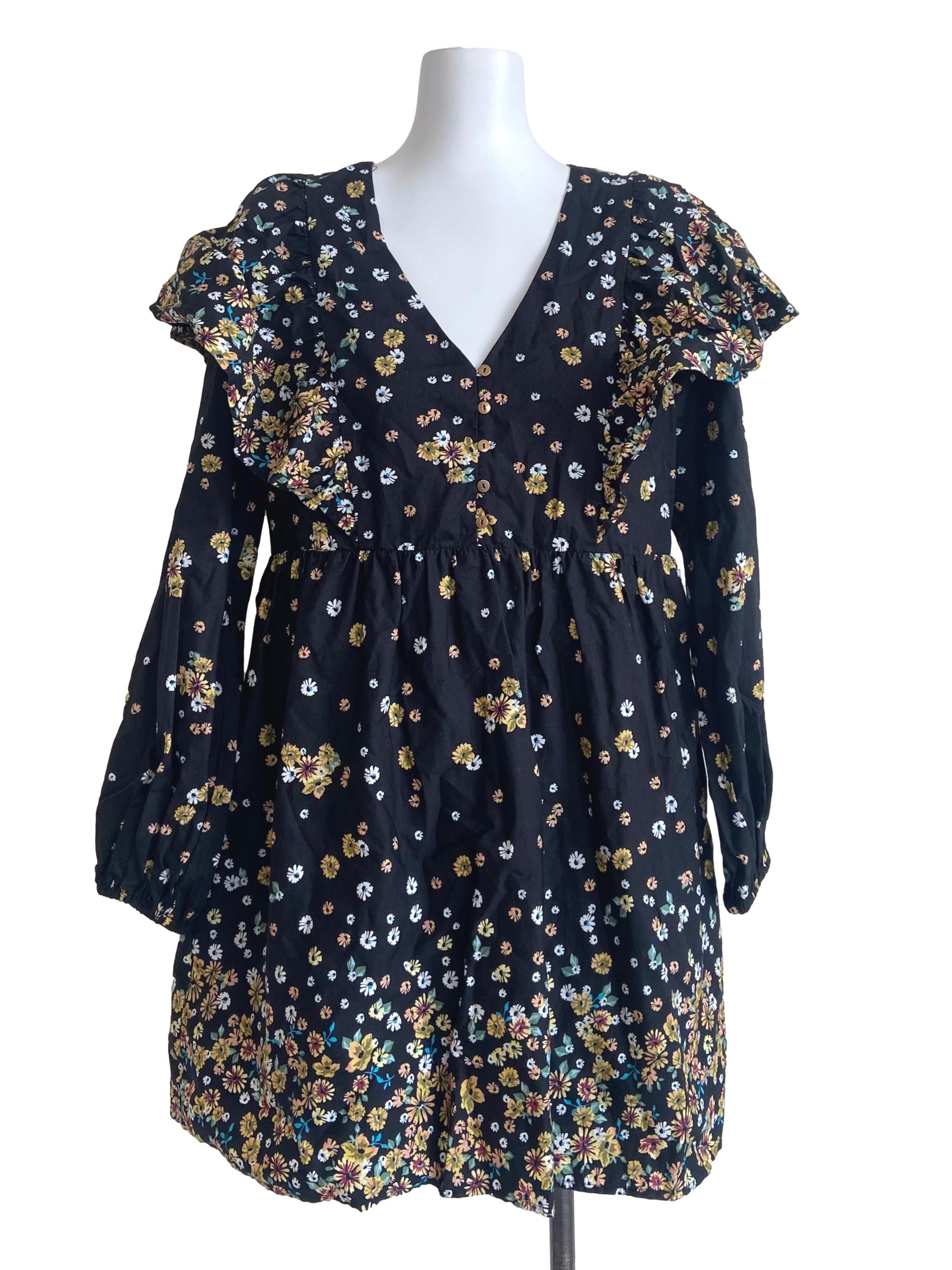 Black V Neck Floral A-Line Dress