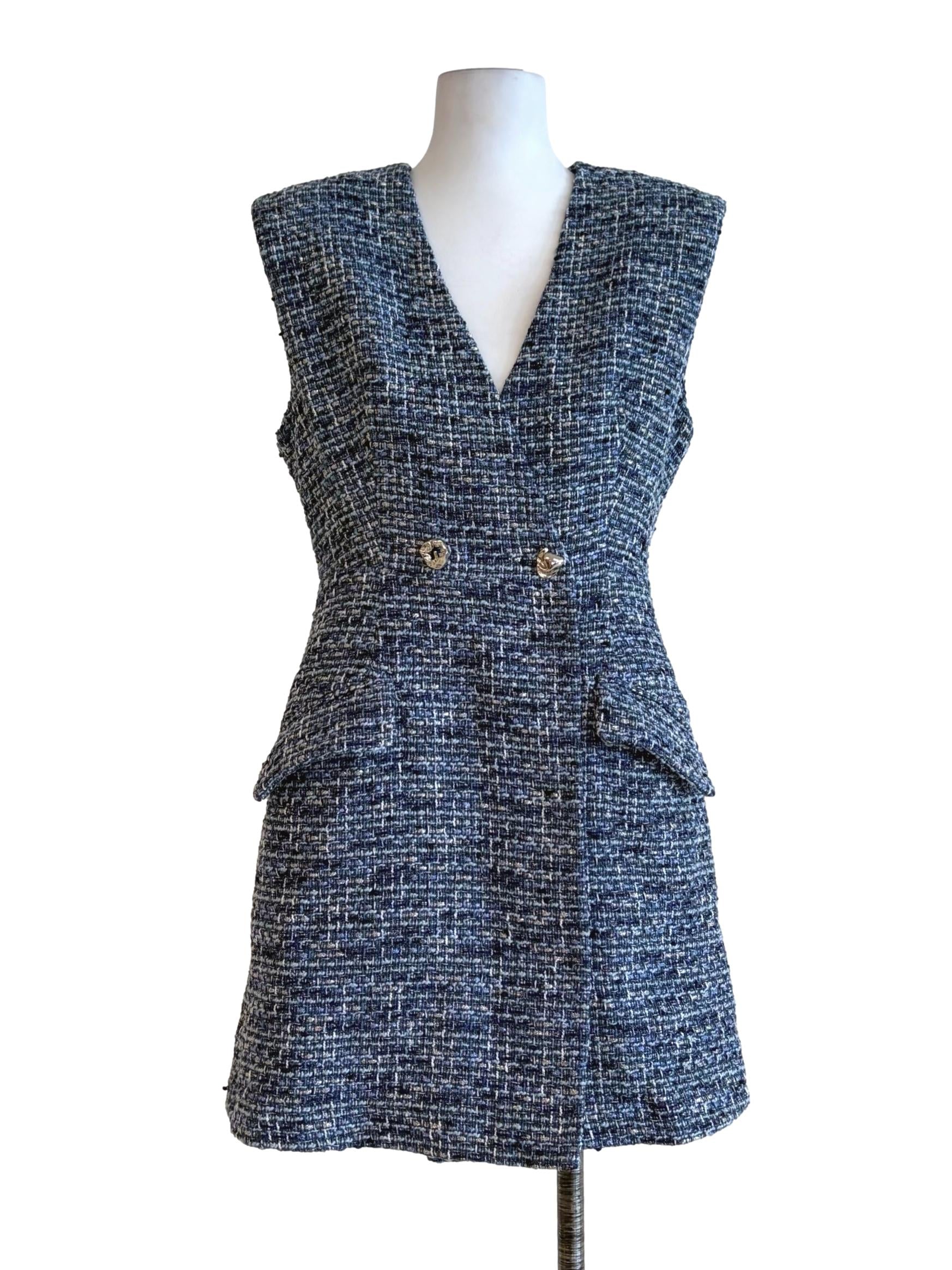 Denim Blue Tweed Sleeveless Dress
