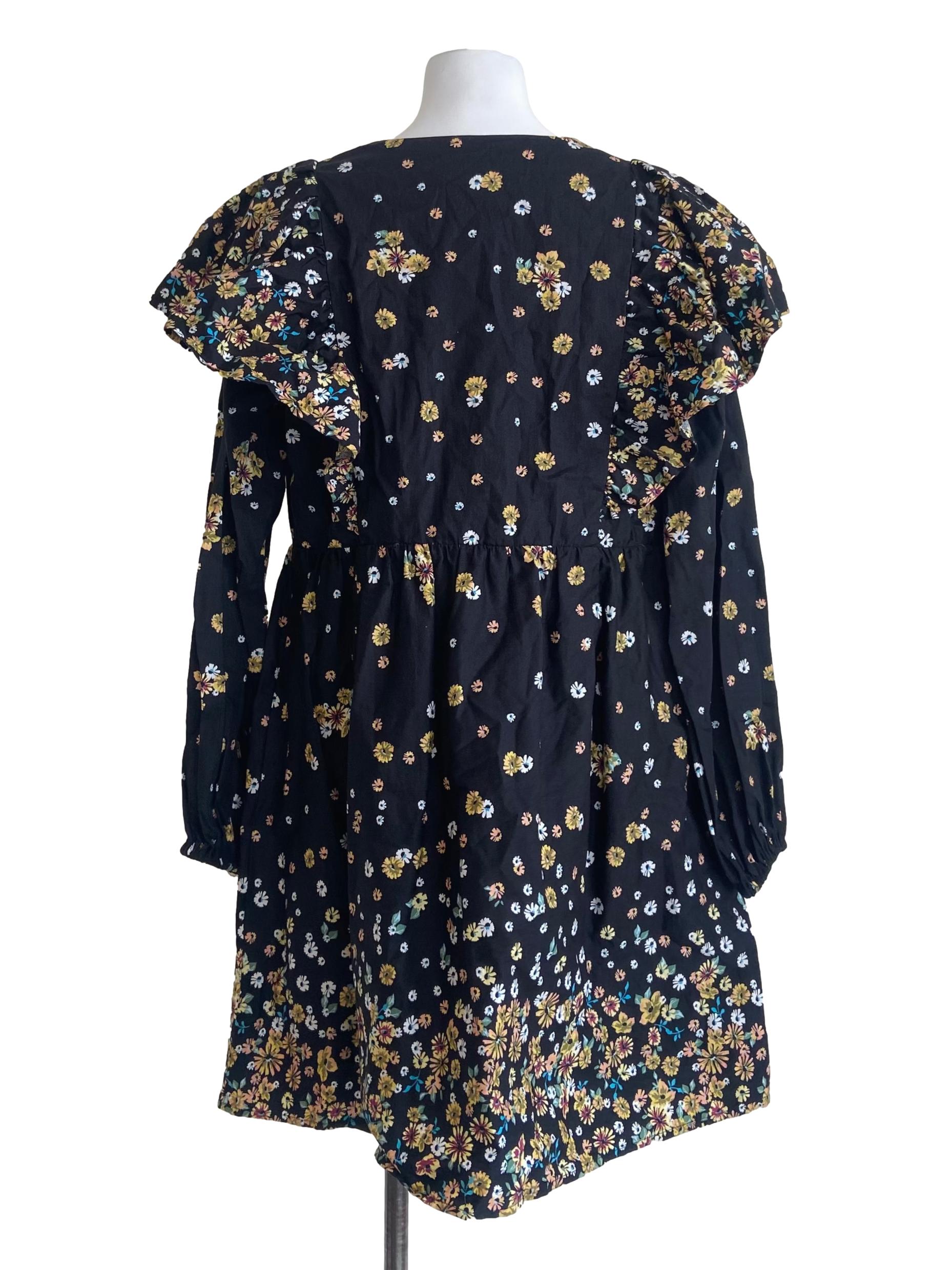 Black V Neck Floral A-Line Dress