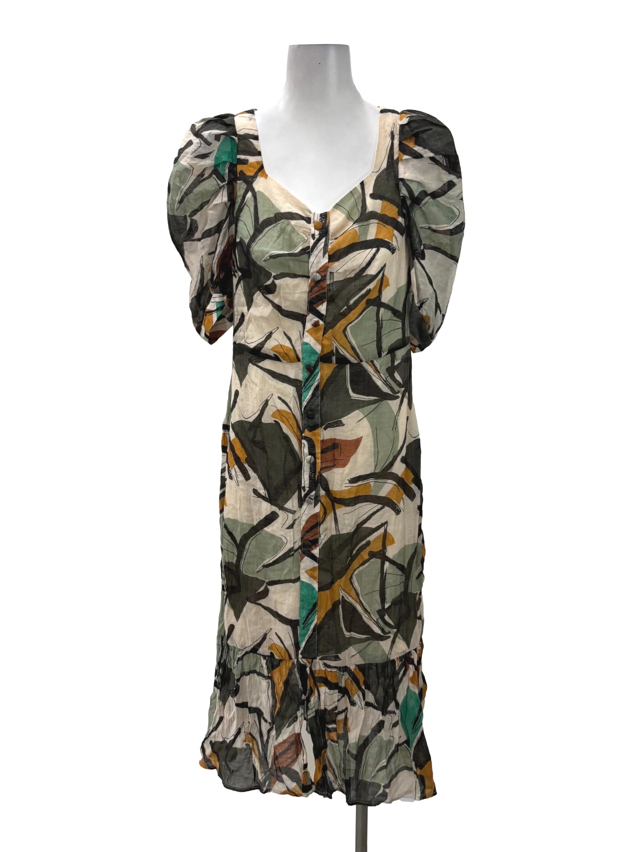 Beige Square Neck Abstract Midi Dress