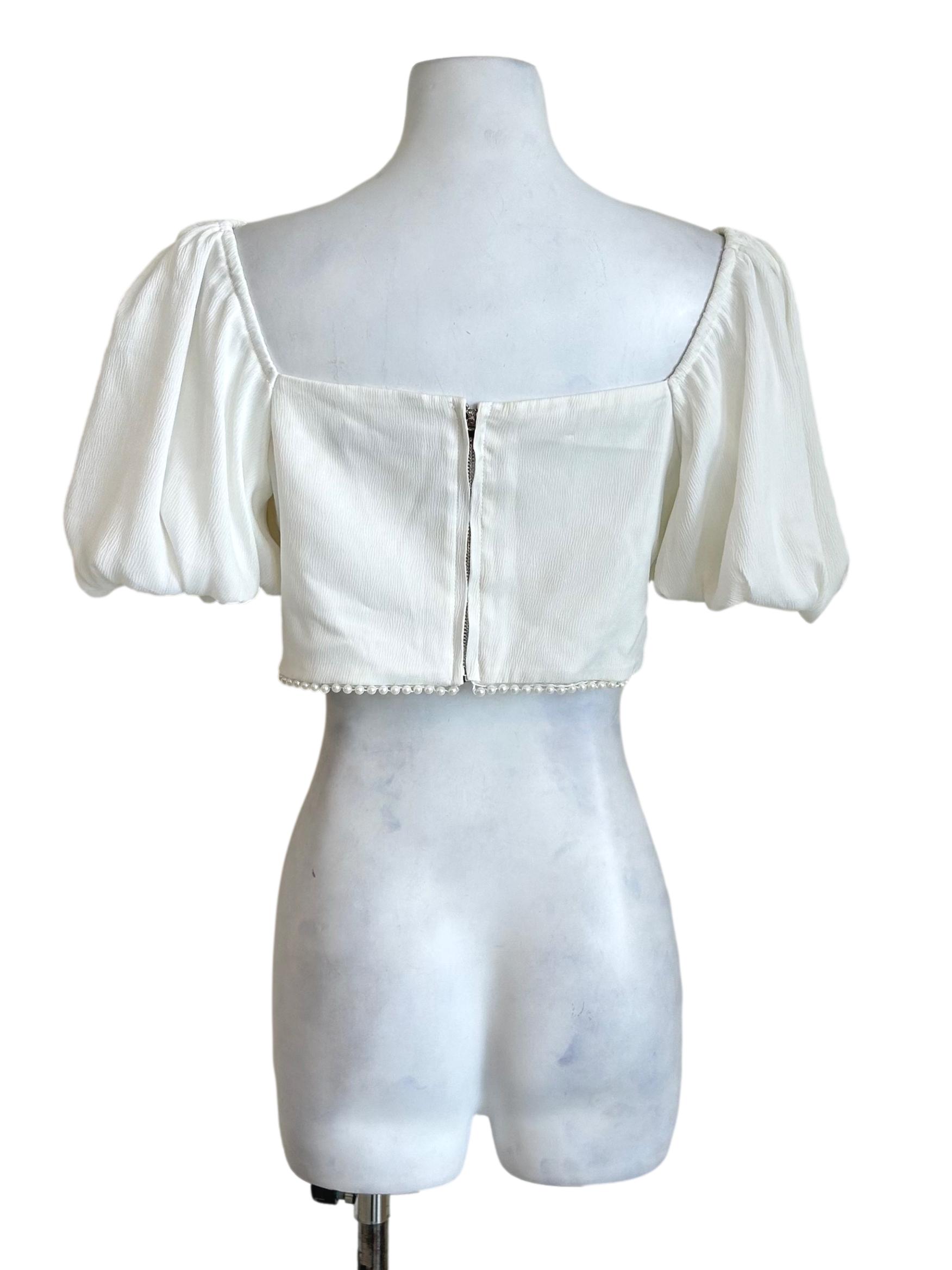 White Pearl Puff Sleeve Crop Top